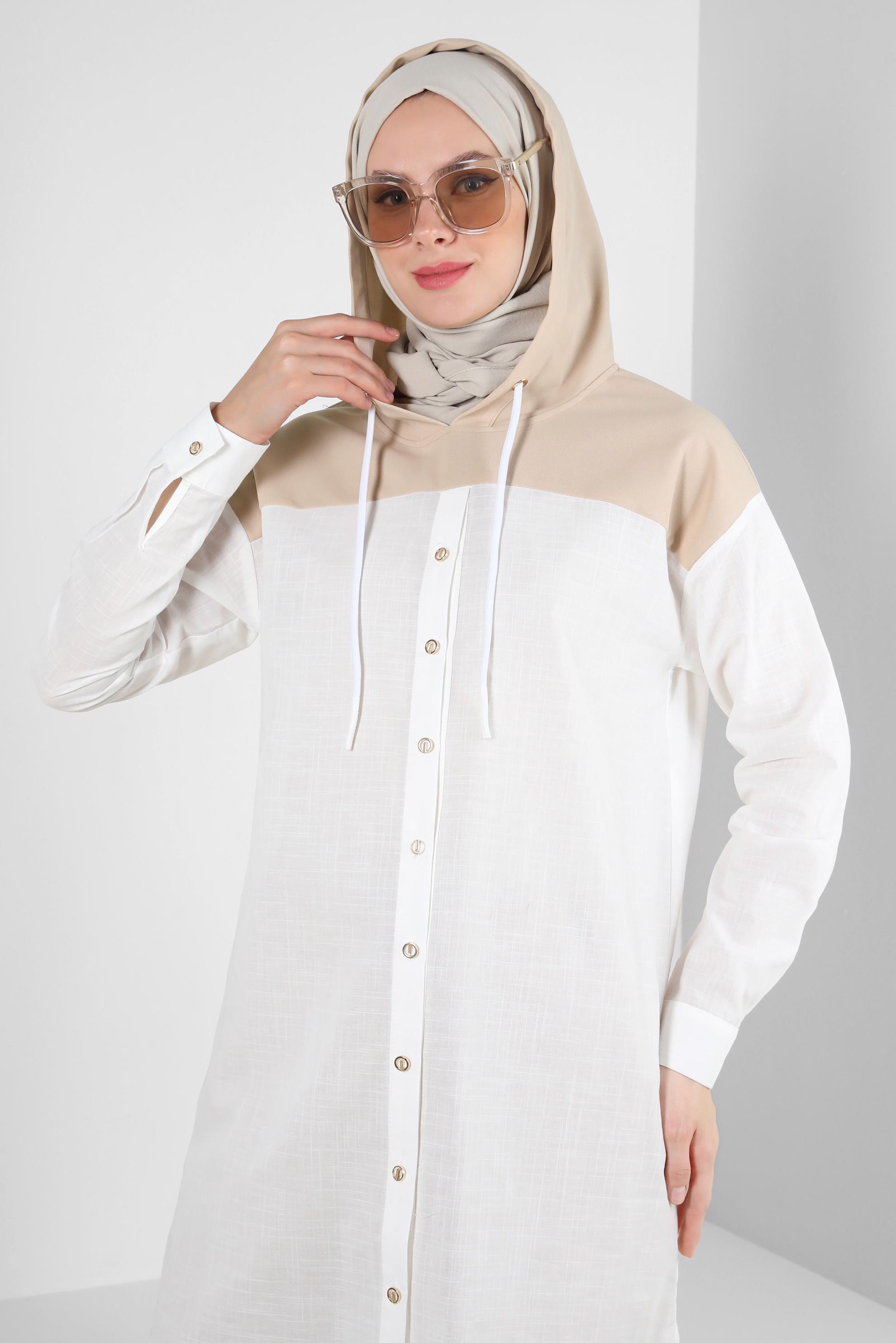 Tesettür giyim BEYAZ KAPÜŞONLU PAMUKLU TUNİK 43854