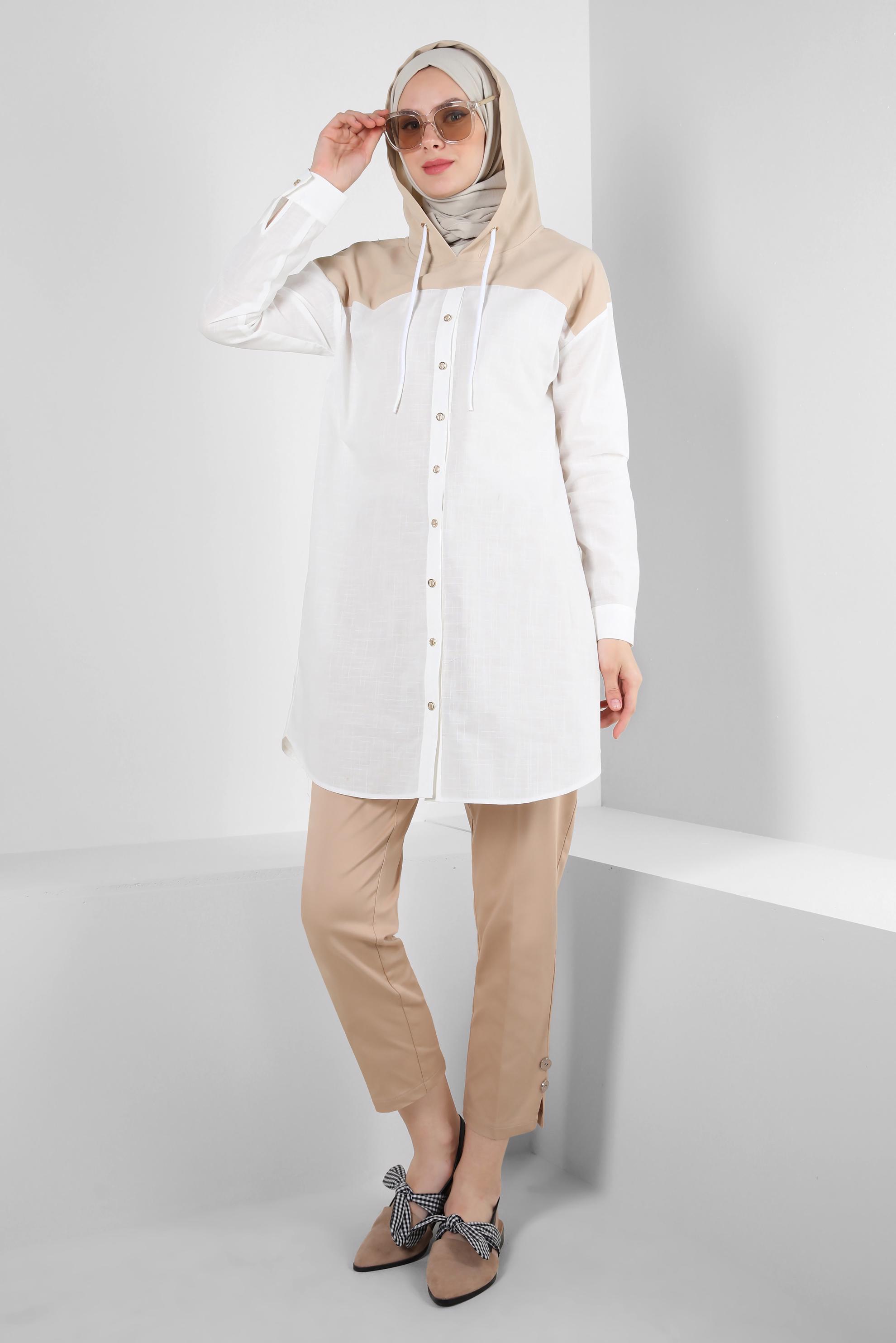 Tesettür giyim BEYAZ KAPÜŞONLU PAMUKLU TUNİK 43854