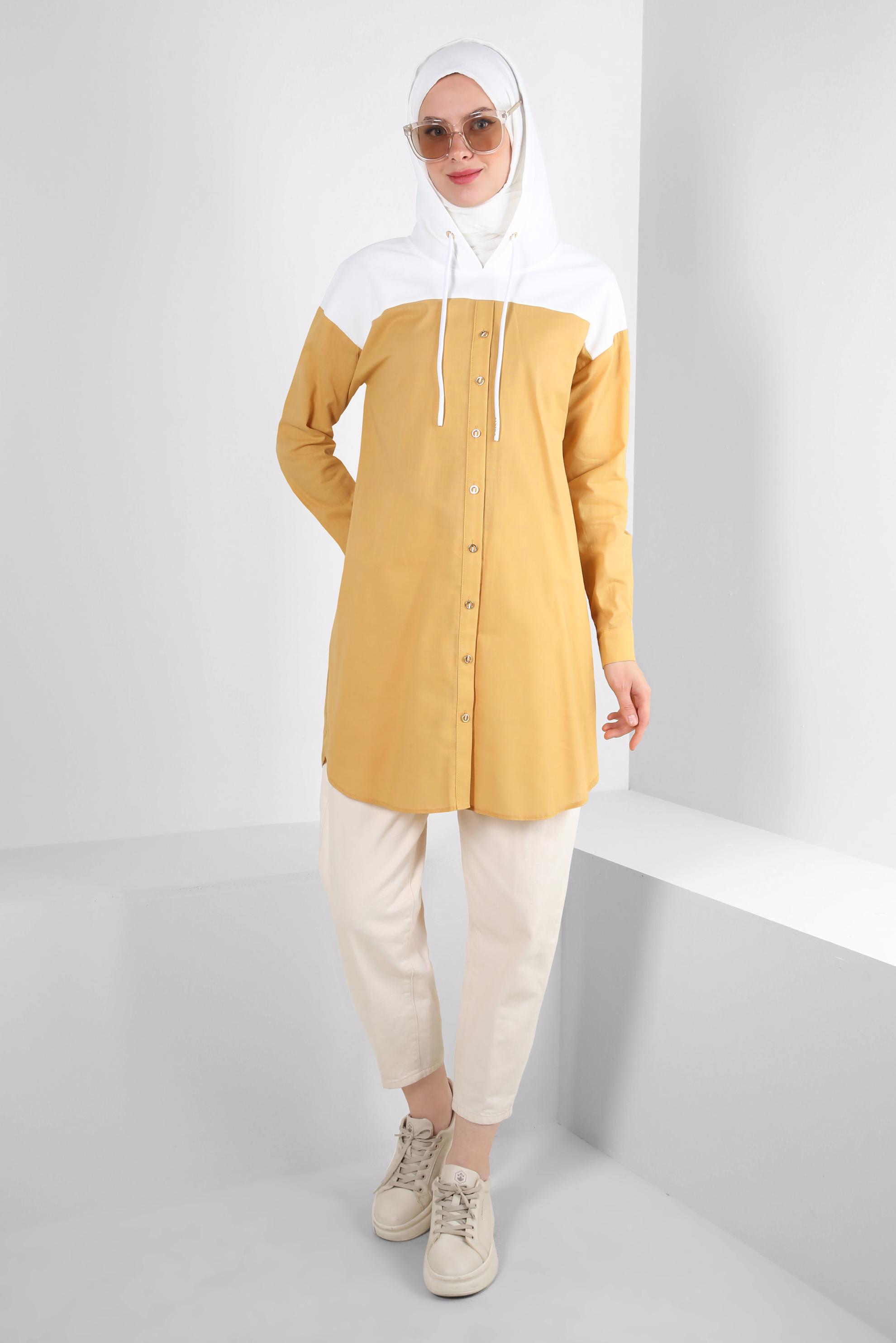 Tesettür giyim SARI KAPÜŞONLU PAMUKLU TUNİK 43854