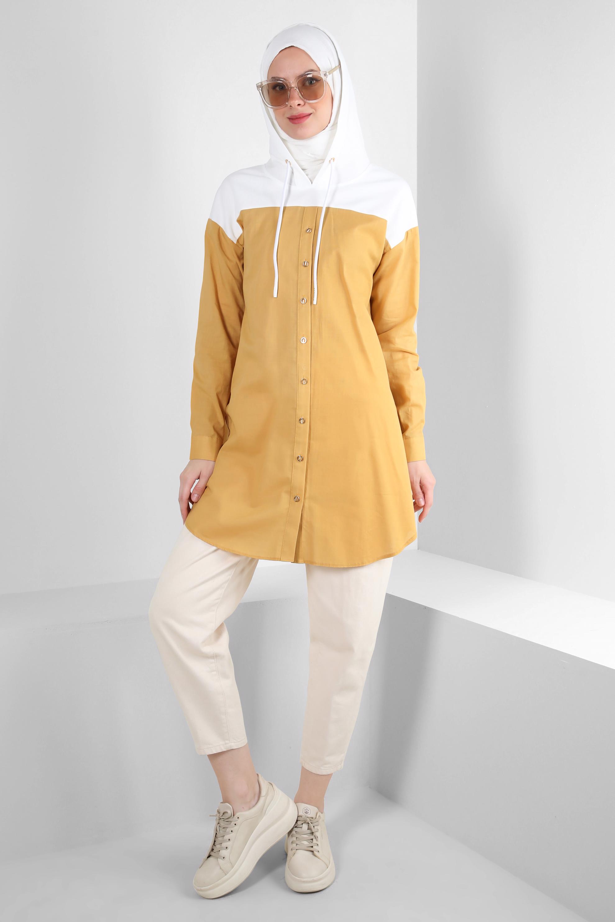 Tesettür giyim SARI KAPÜŞONLU PAMUKLU TUNİK 43854