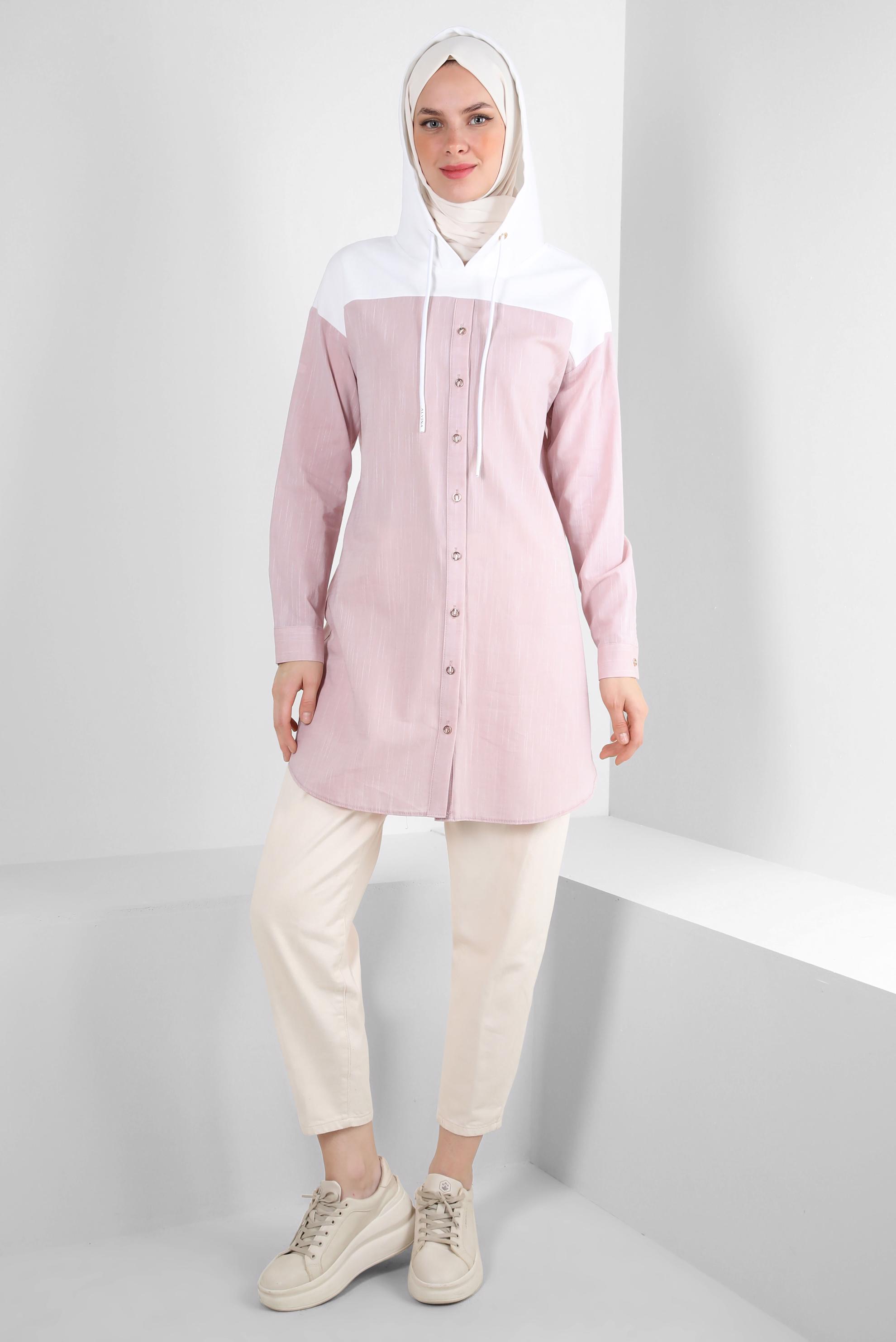 Tesettür giyim PUDRA KAPÜŞONLU PAMUKLU TUNİK 43854