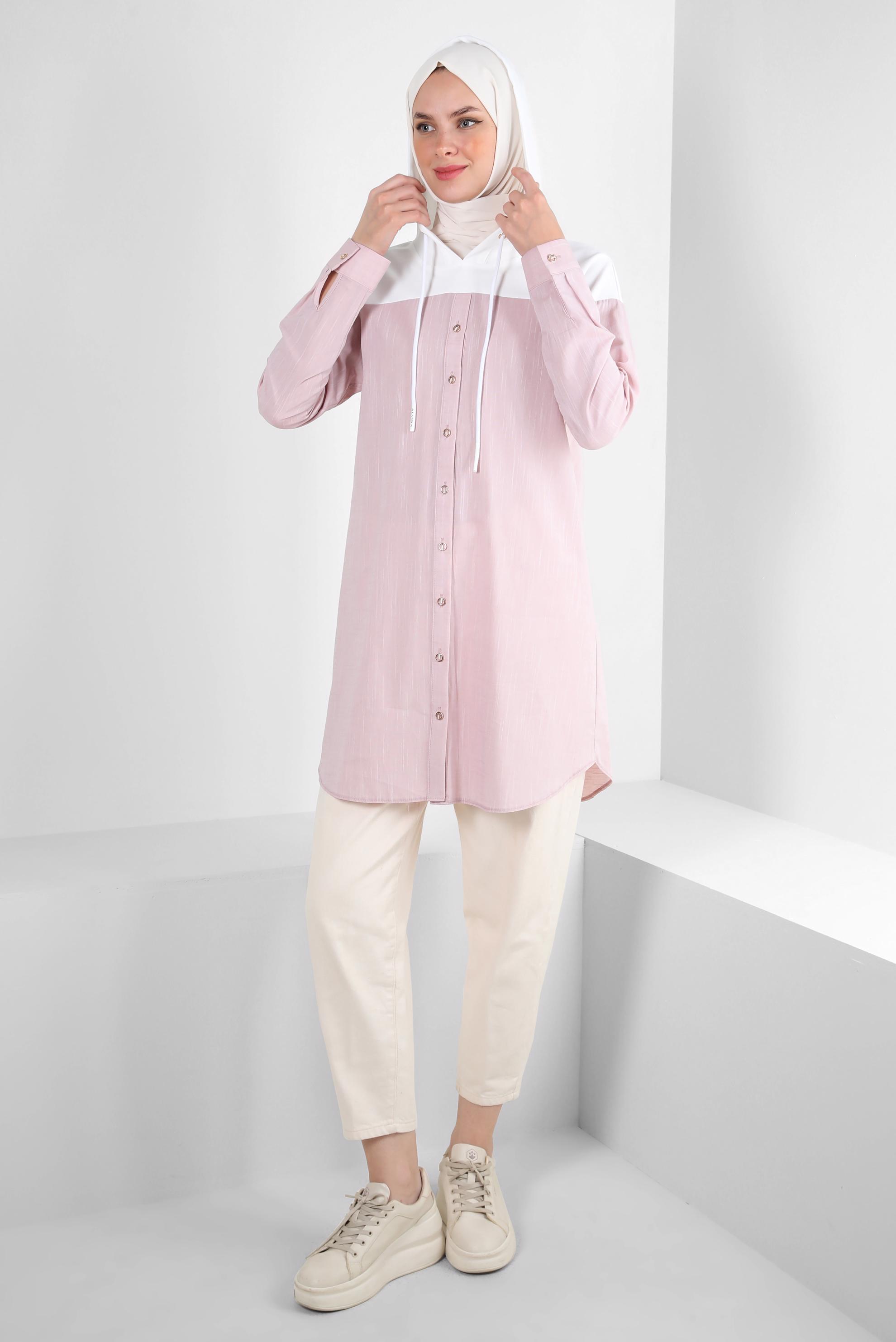Tesettür giyim PUDRA KAPÜŞONLU PAMUKLU TUNİK 43854