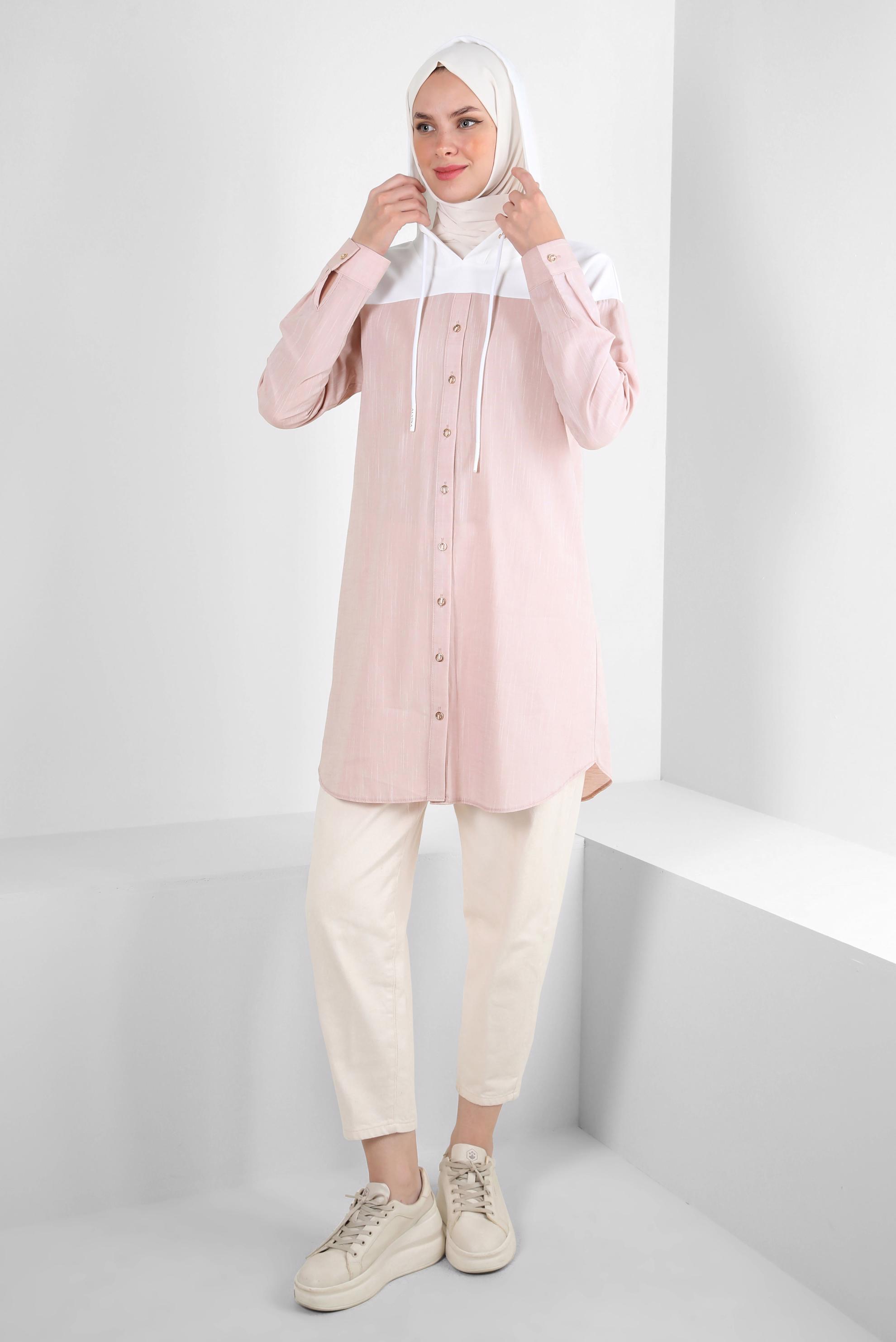 Tesettür giyim PUDRA KAPÜŞONLU PAMUKLU TUNİK 43854