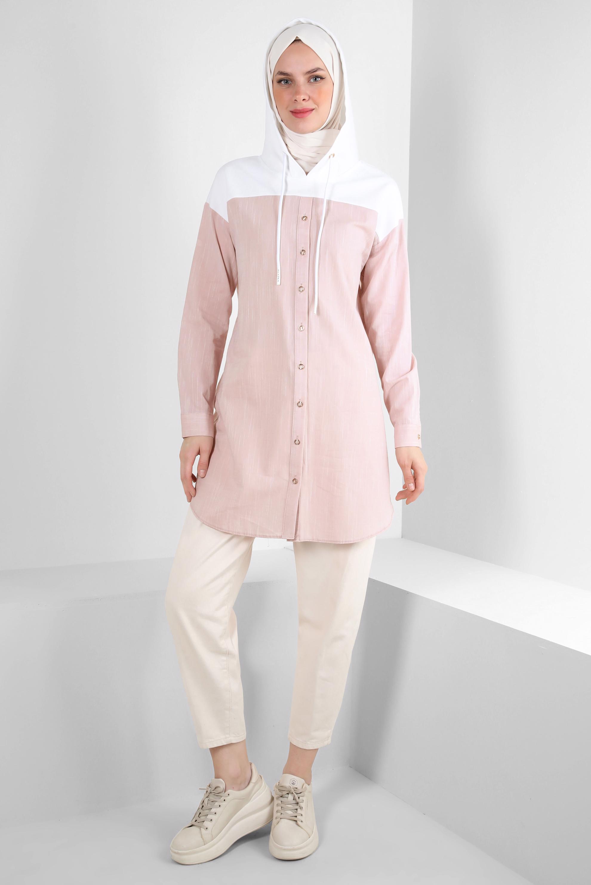 Tesettür giyim PUDRA KAPÜŞONLU PAMUKLU TUNİK 43854