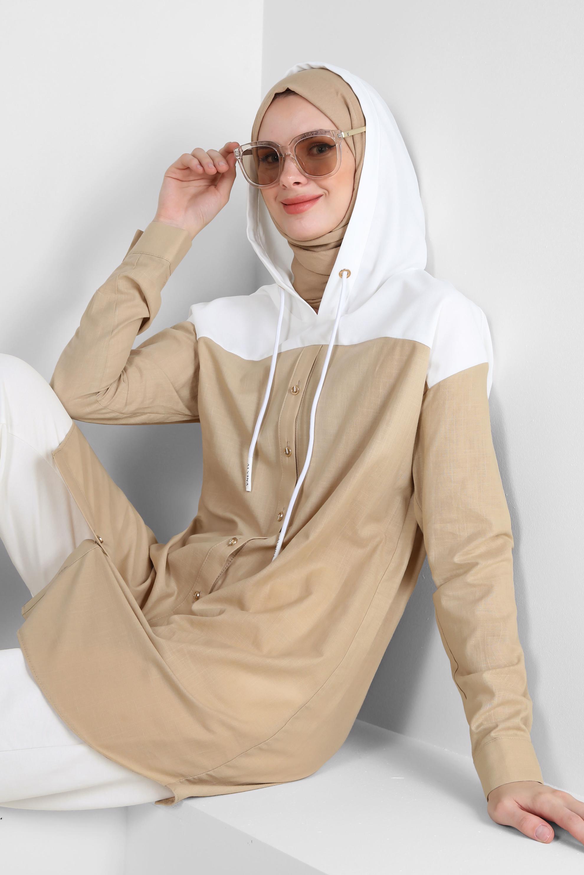 Tesettür giyim KUM KAPÜŞONLU PAMUKLU TUNİK 43854