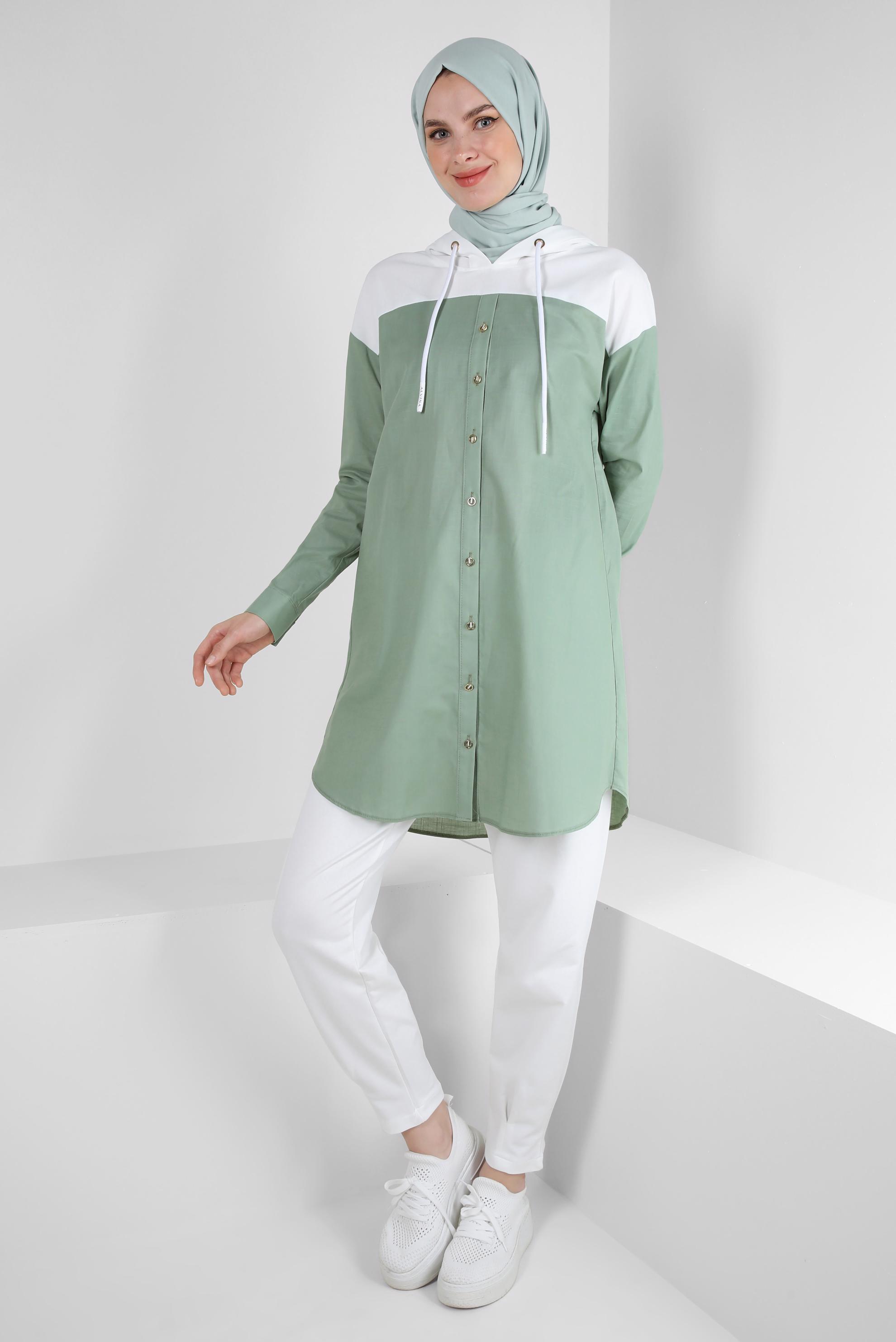 Tesettür giyim YEŞİL KAPÜŞONLU PAMUKLU TUNİK 43854