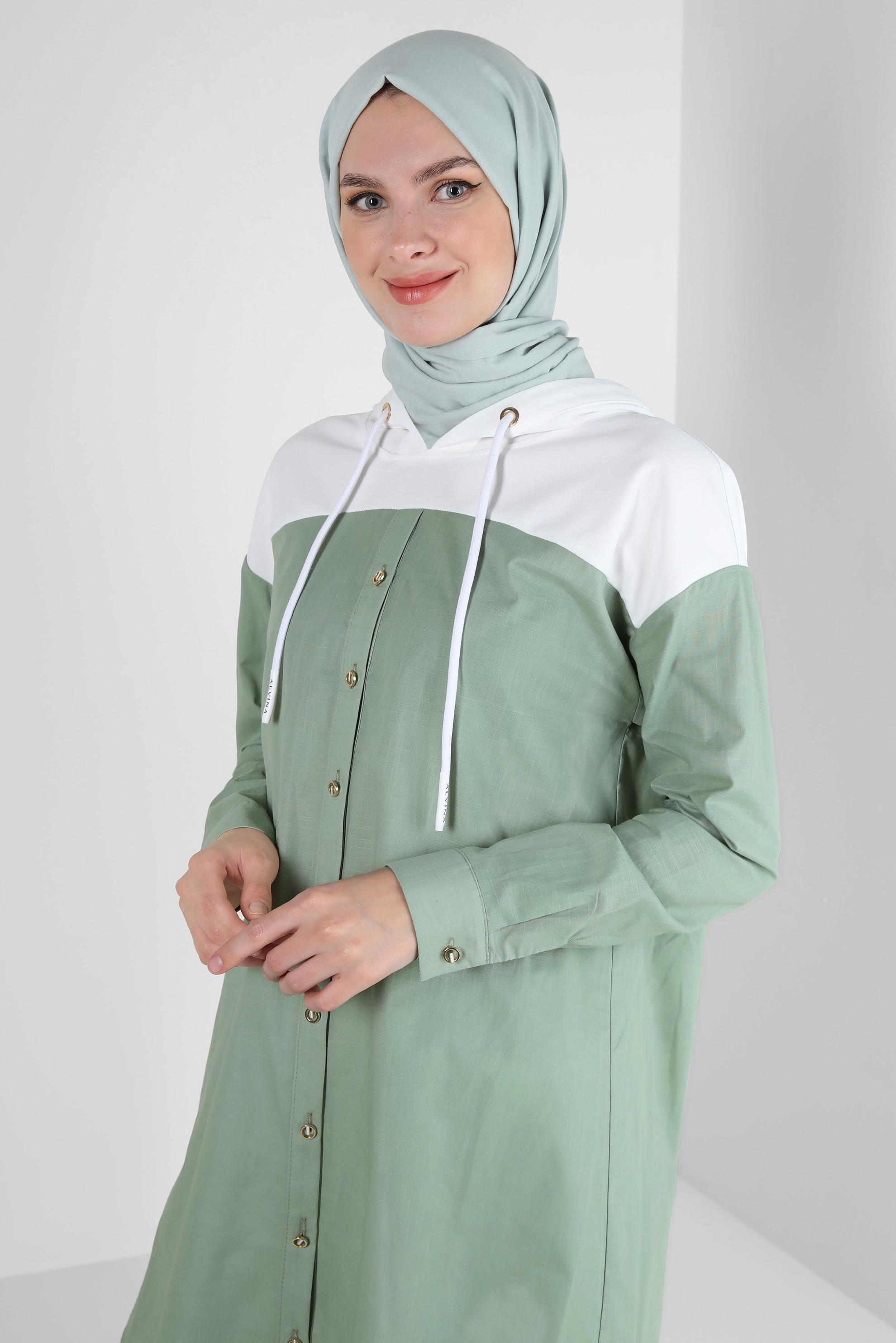 Tesettür giyim YEŞİL KAPÜŞONLU PAMUKLU TUNİK 43854