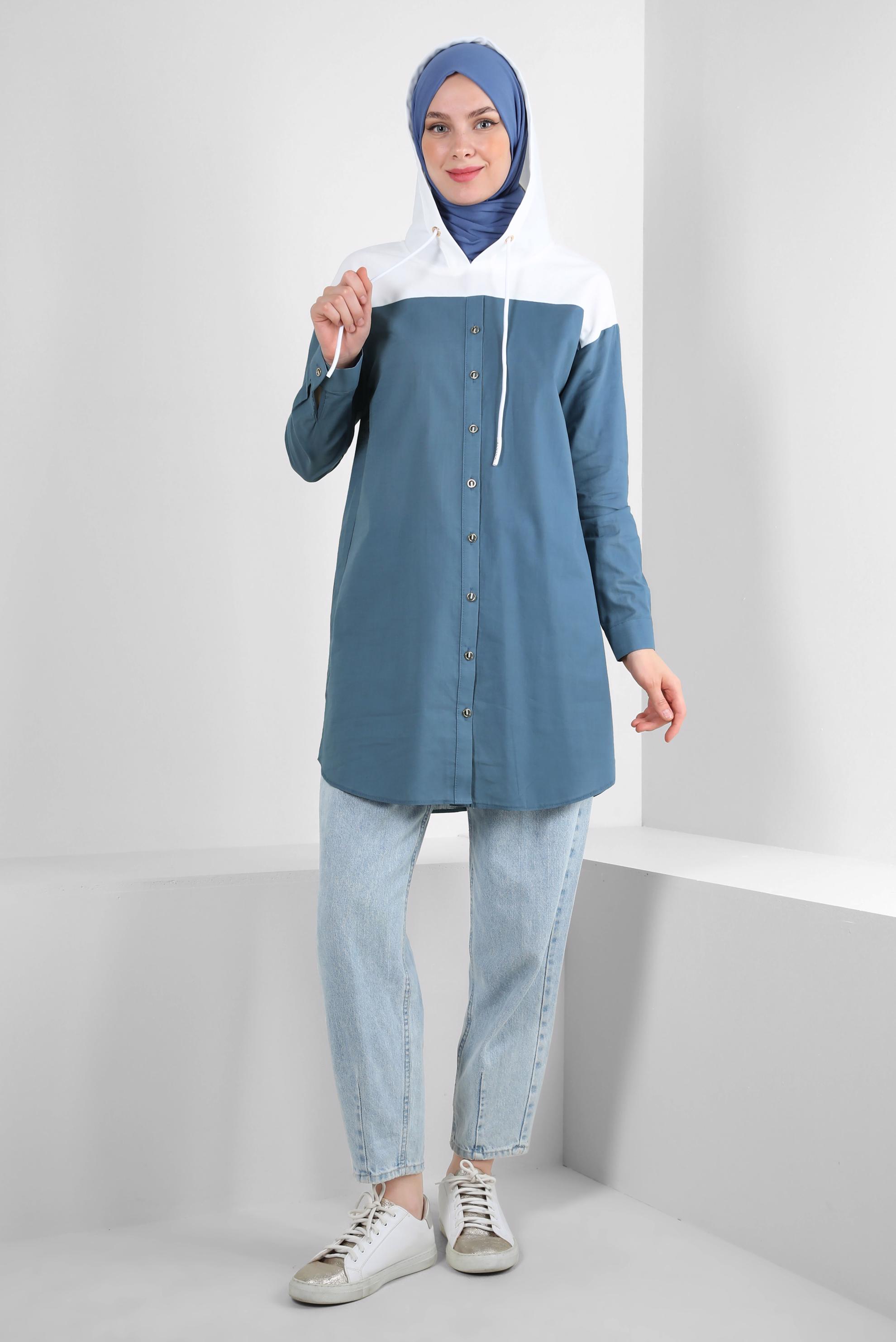 Tesettür giyim LACİVERT KAPÜŞONLU PAMUKLU TUNİK 43854