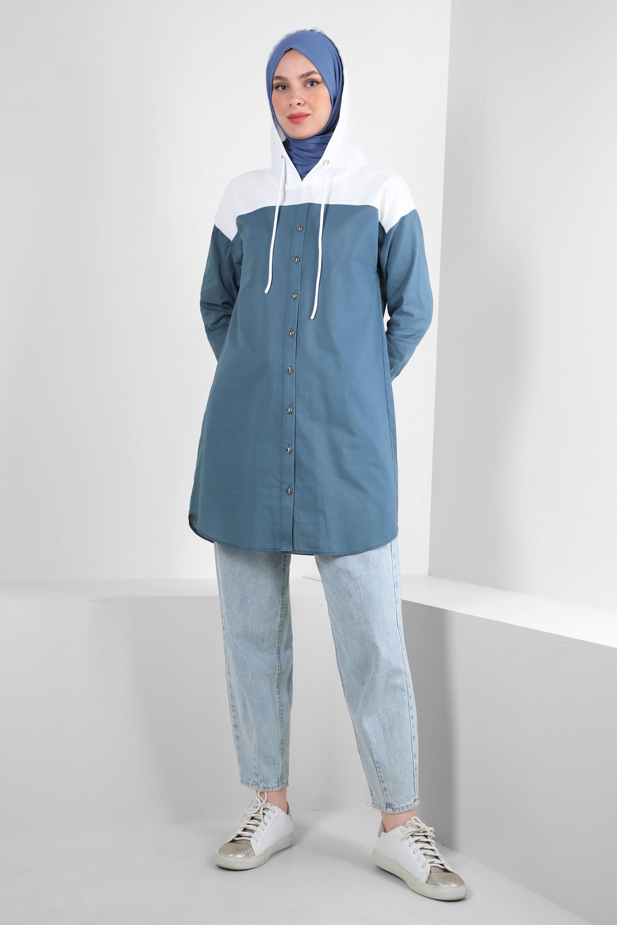 Tesettür giyim LACİVERT KAPÜŞONLU PAMUKLU TUNİK 43854