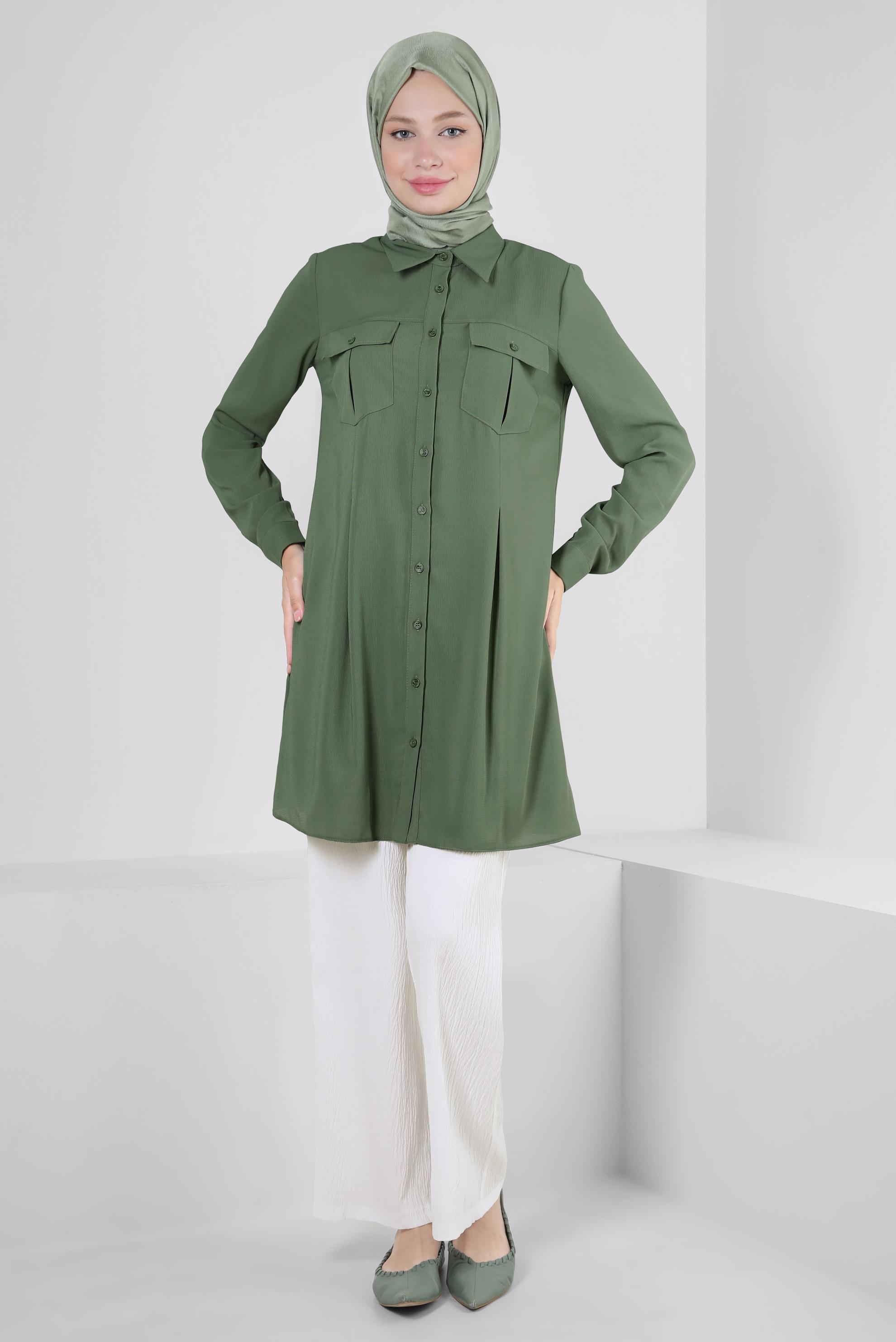 Tesettür giyim HAKİ GÖMLEK YAKA DÜĞMELİ TUNİK 43855