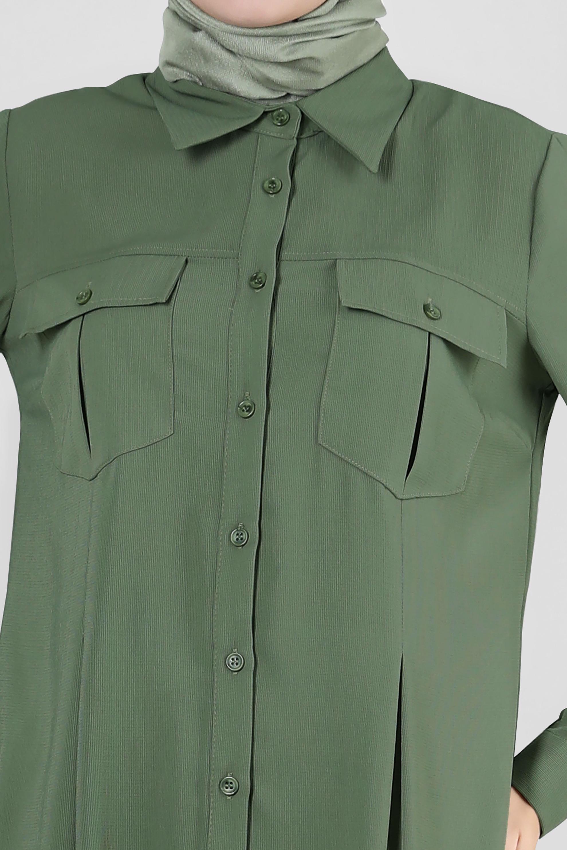 Tesettür giyim HAKİ GÖMLEK YAKA DÜĞMELİ TUNİK 43855