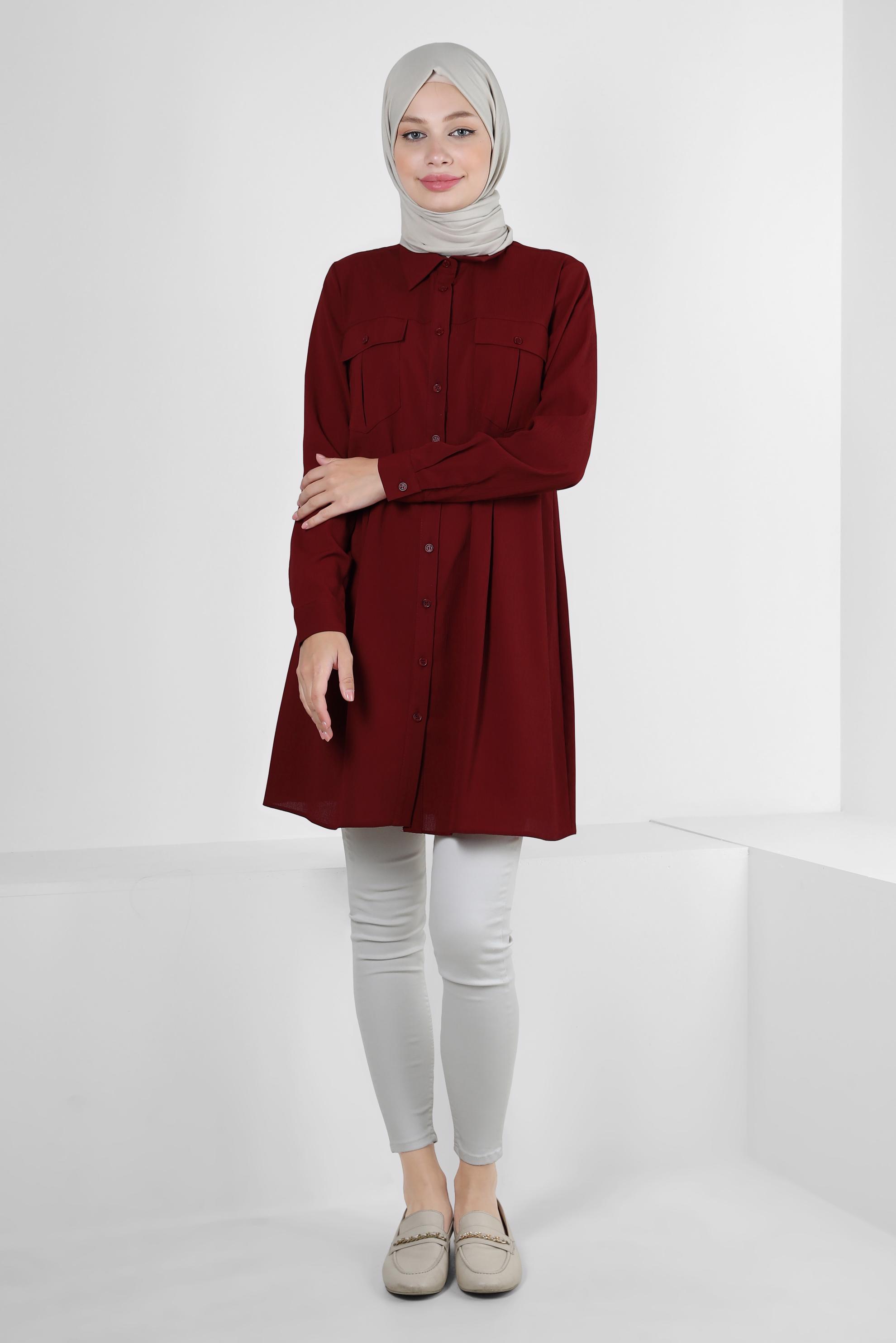 Tesettür giyim BORDO GÖMLEK YAKA DÜĞMELİ TUNİK 43855