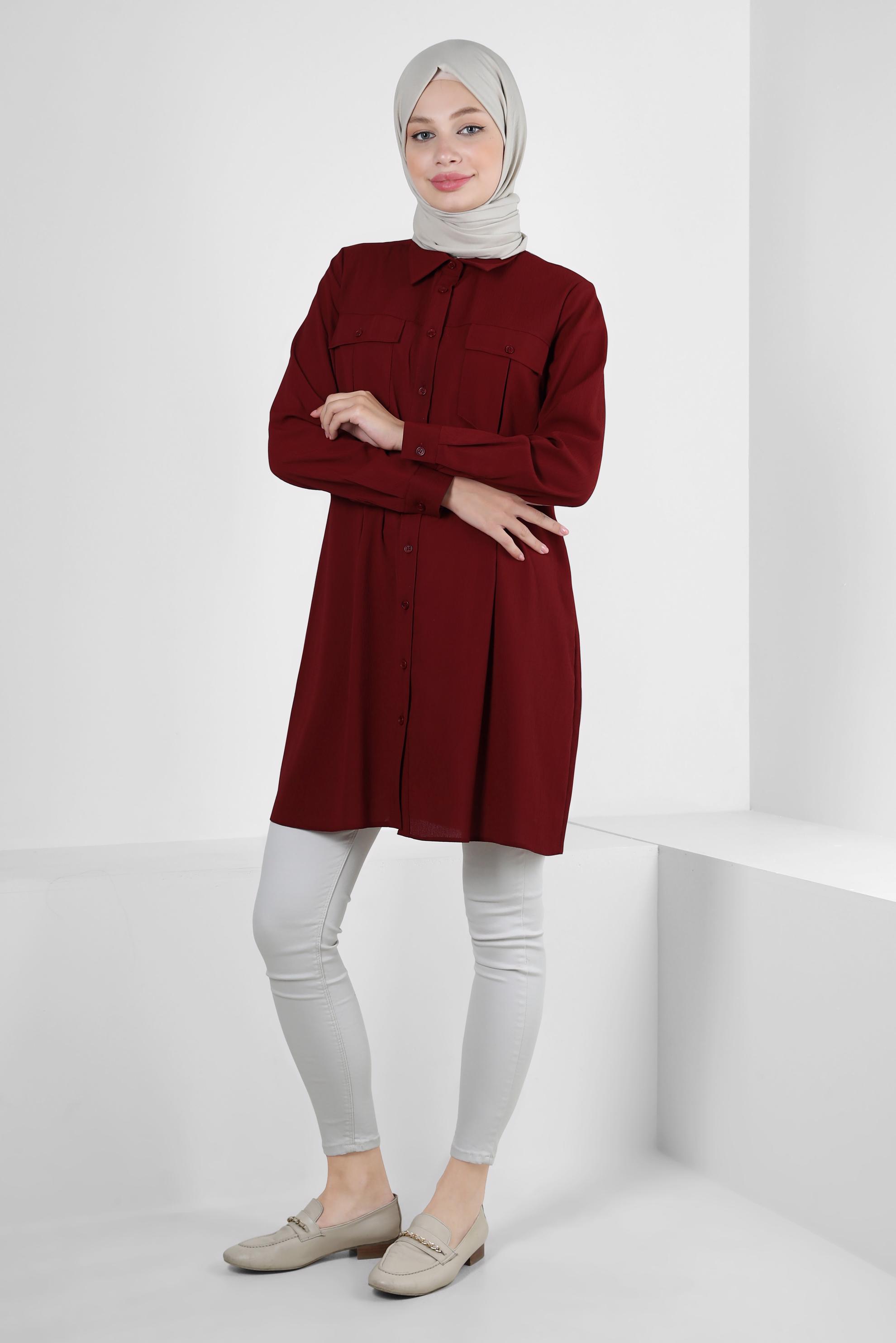 Tesettür giyim BORDO GÖMLEK YAKA DÜĞMELİ TUNİK 43855