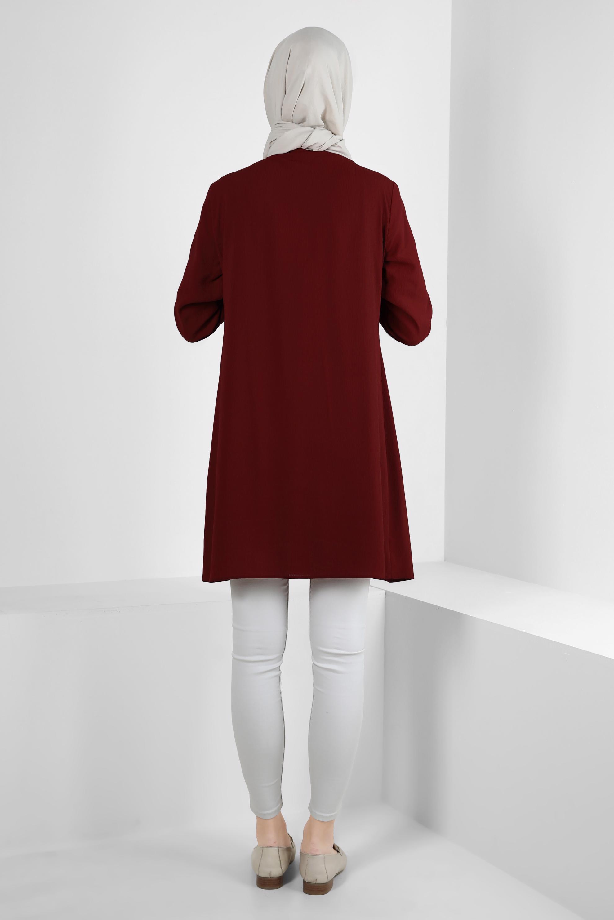 Tesettür giyim BORDO GÖMLEK YAKA DÜĞMELİ TUNİK 43855