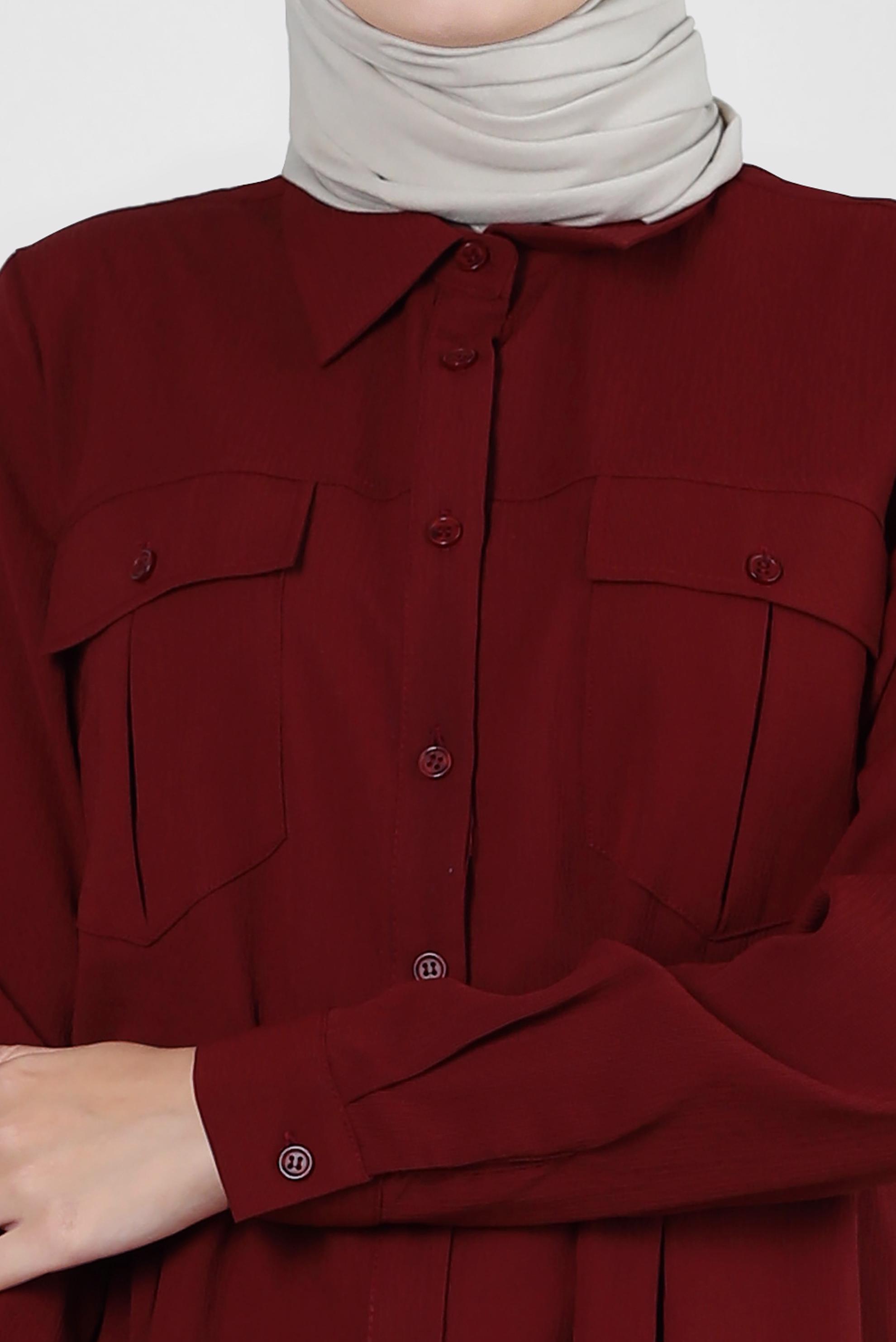 Tesettür giyim BORDO GÖMLEK YAKA DÜĞMELİ TUNİK 43855