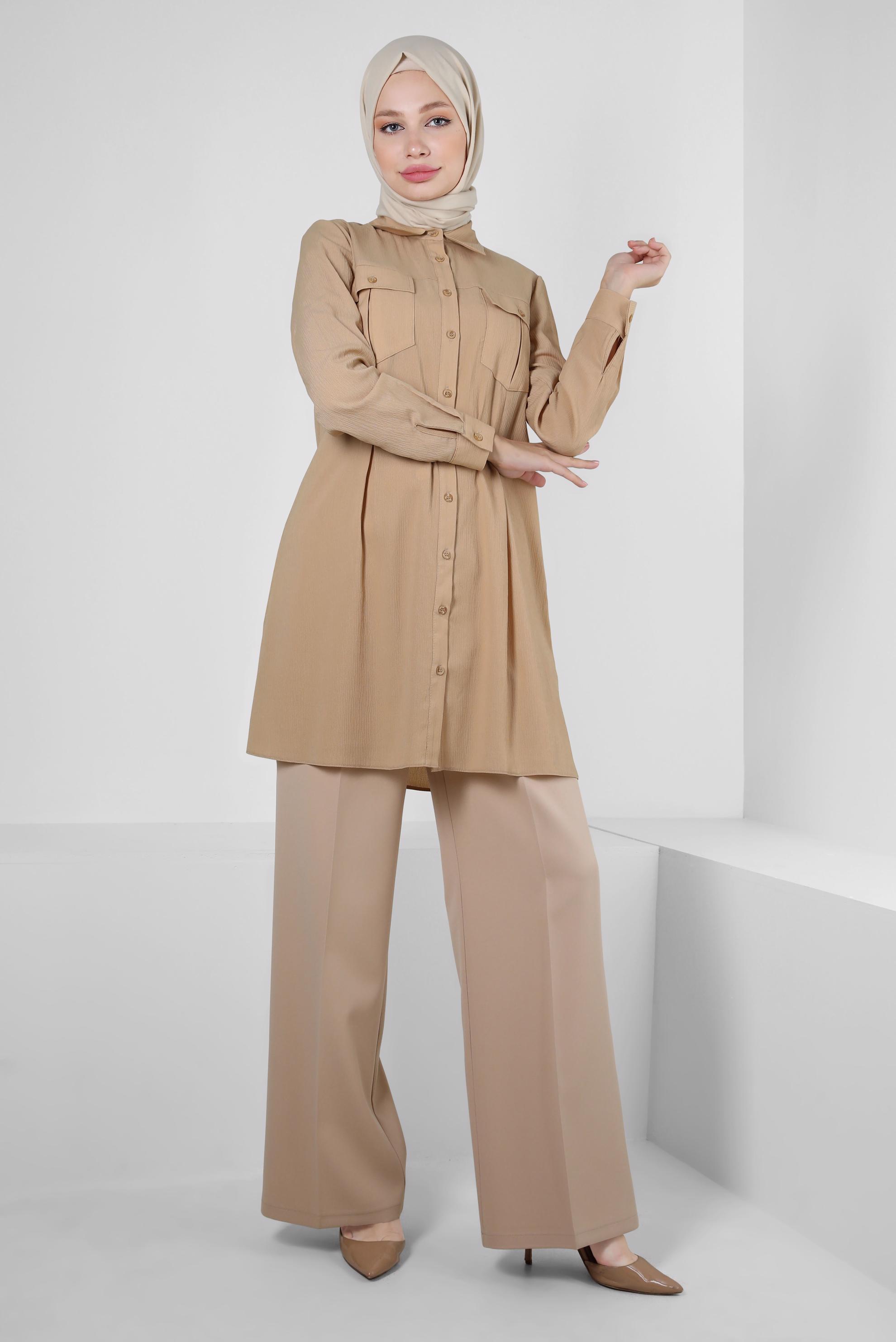 Tesettür giyim BEJ GÖMLEK YAKA DÜĞMELİ TUNİK 43855