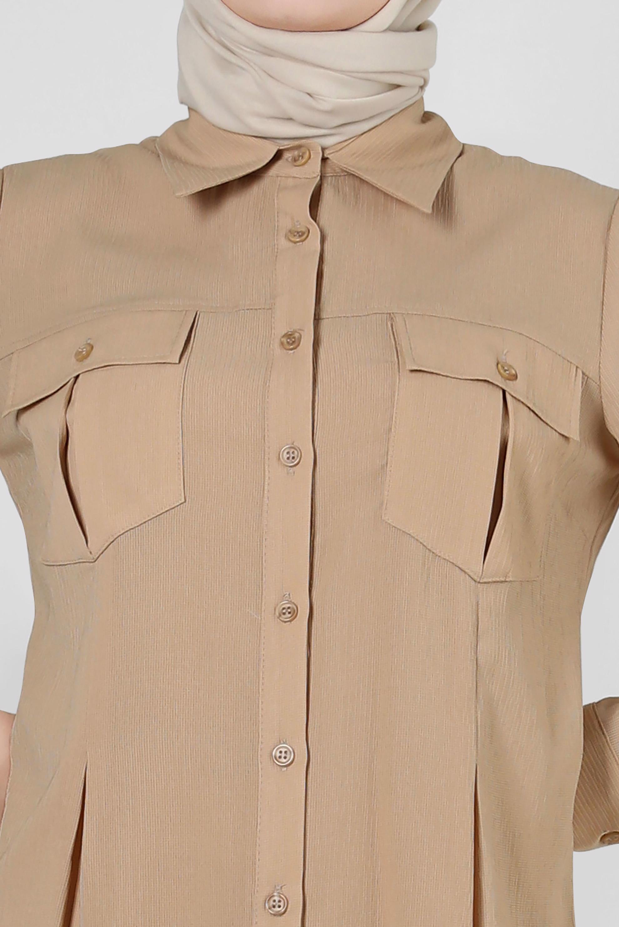 Tesettür giyim BEJ GÖMLEK YAKA DÜĞMELİ TUNİK 43855