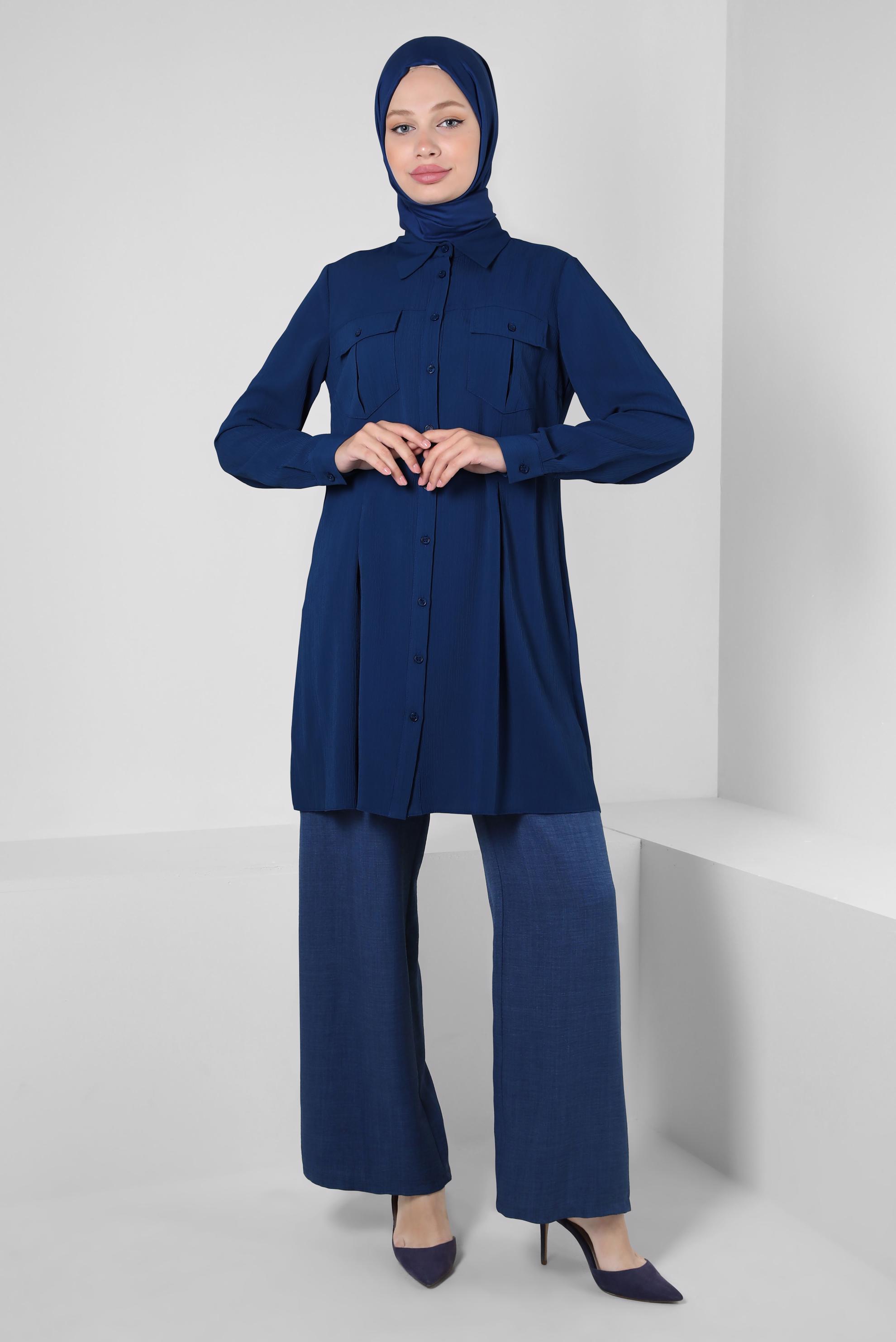 Tesettür giyim LACİVERT GÖMLEK YAKA DÜĞMELİ TUNİK 43855