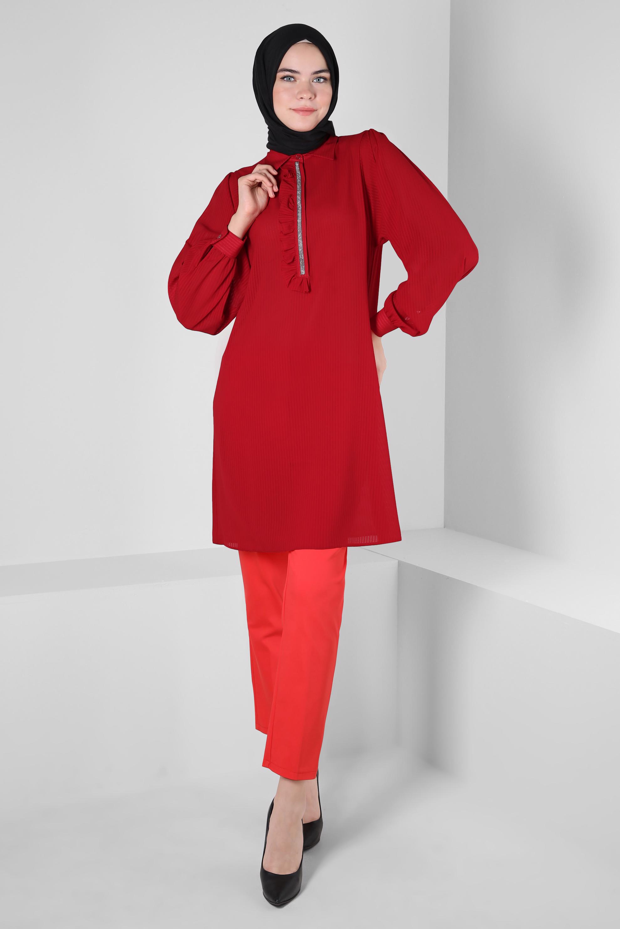 Tesettür giyim KIRMIZI TAŞ ŞERİTLİ FIRFIR DETAYLI TUNİK 43856