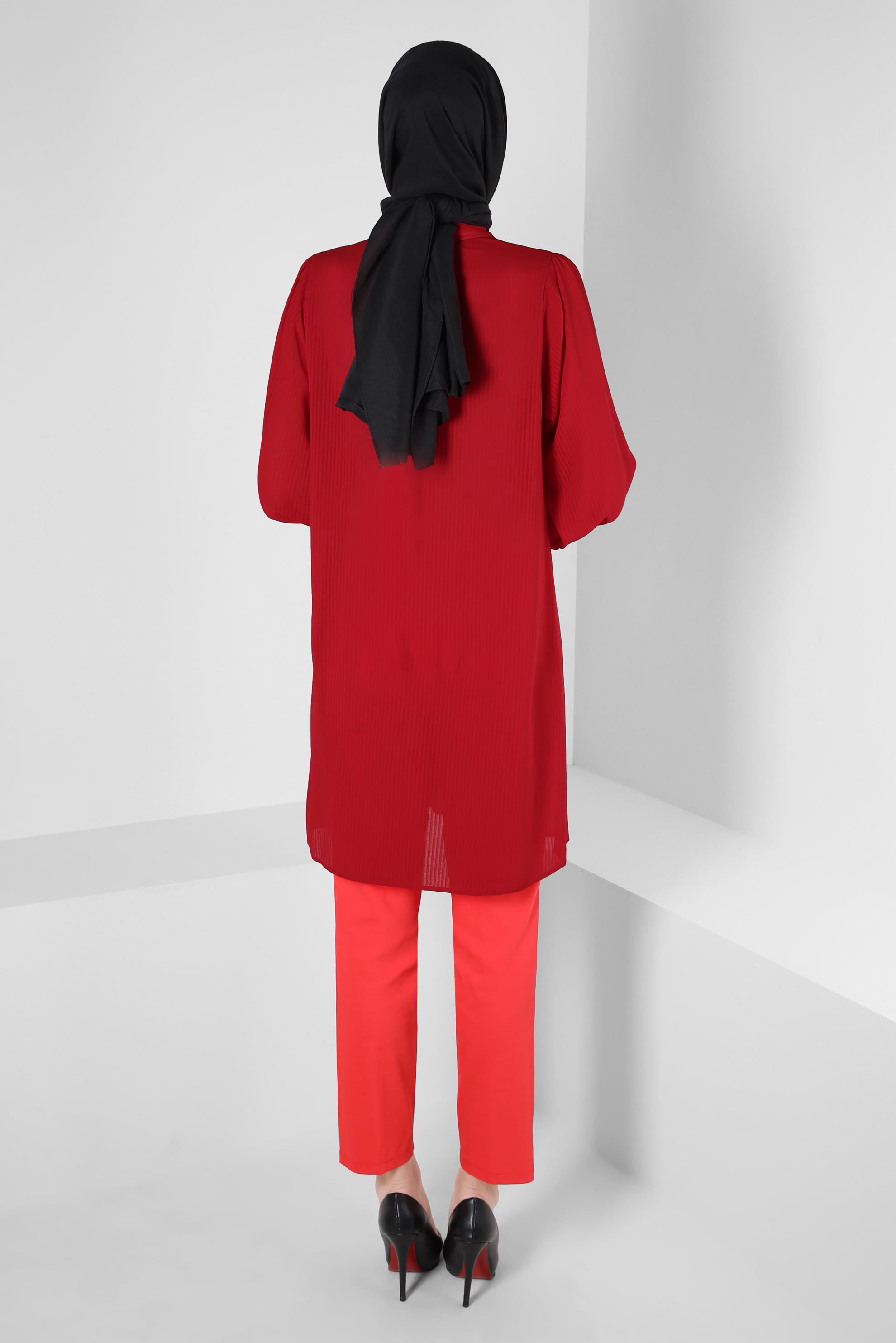 Tesettür giyim KIRMIZI TAŞ ŞERİTLİ FIRFIR DETAYLI TUNİK 43856