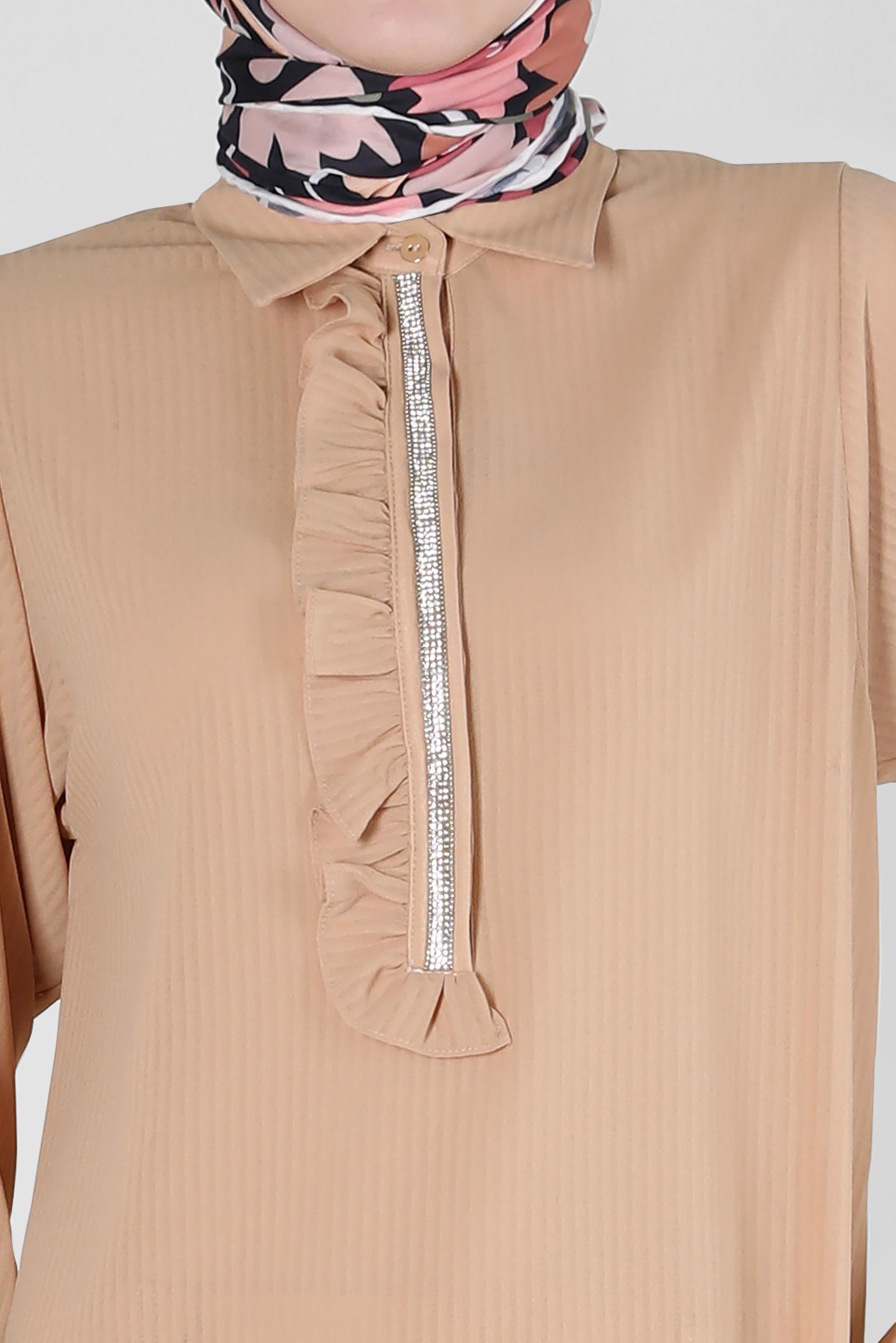 Tesettür giyim BEJ TAŞ ŞERİTLİ FIRFIR DETAYLI TUNİK 43856