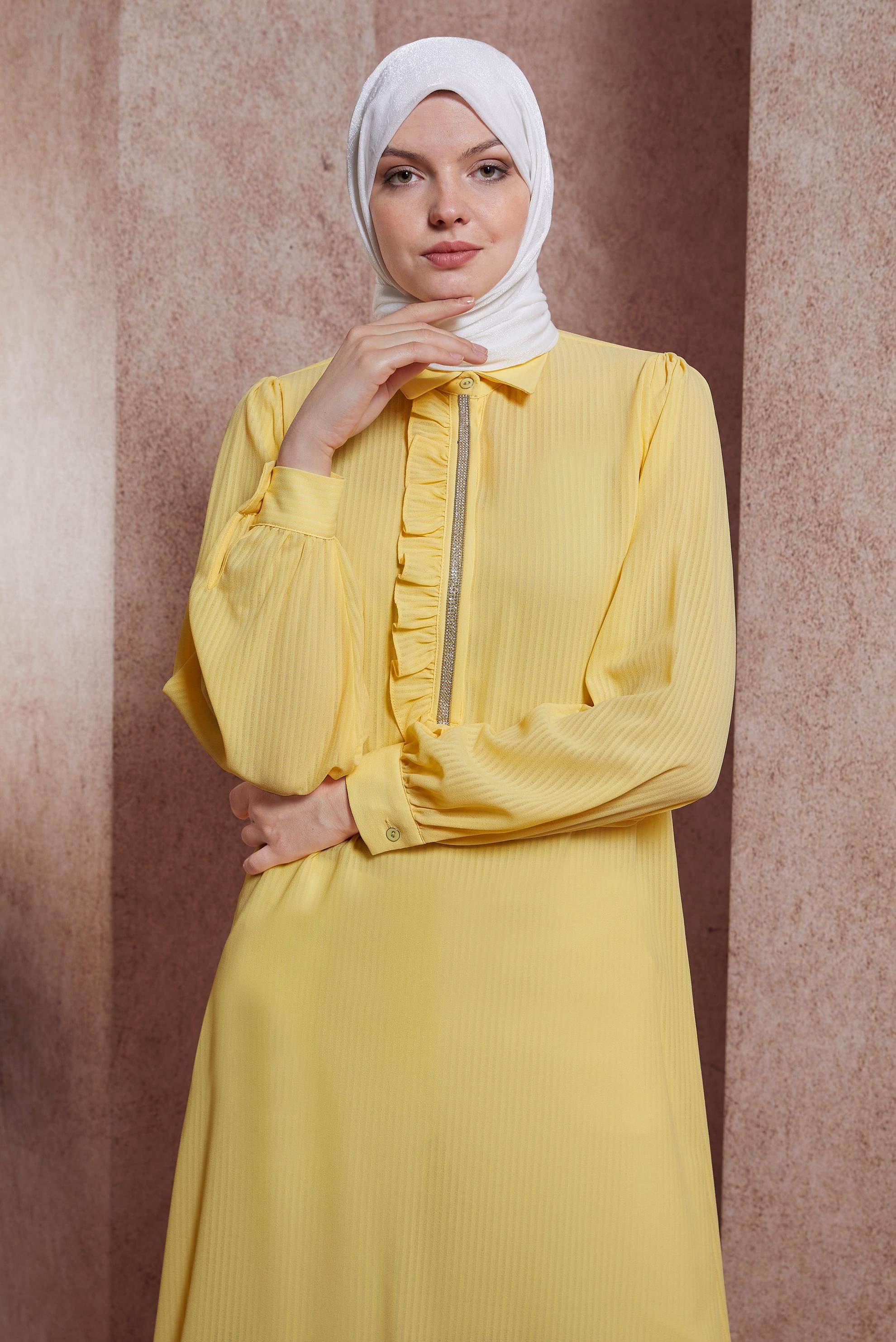 Tesettür giyim SARI TAŞ ŞERİTLİ FIRFIR DETAYLI TUNİK 43856