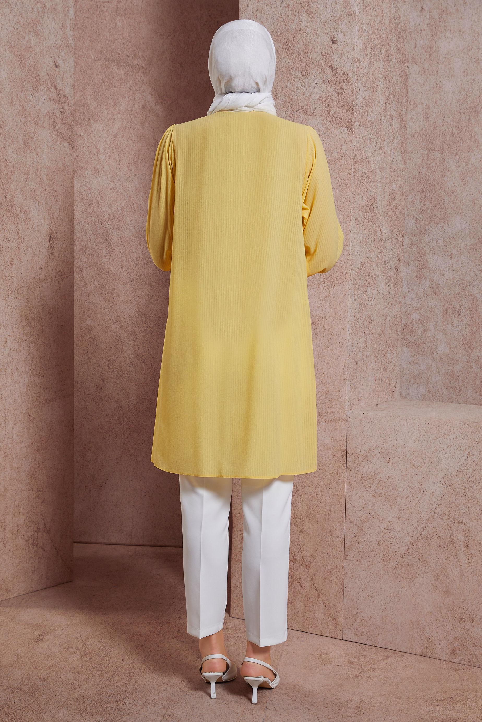 Tesettür giyim SARI TAŞ ŞERİTLİ FIRFIR DETAYLI TUNİK 43856