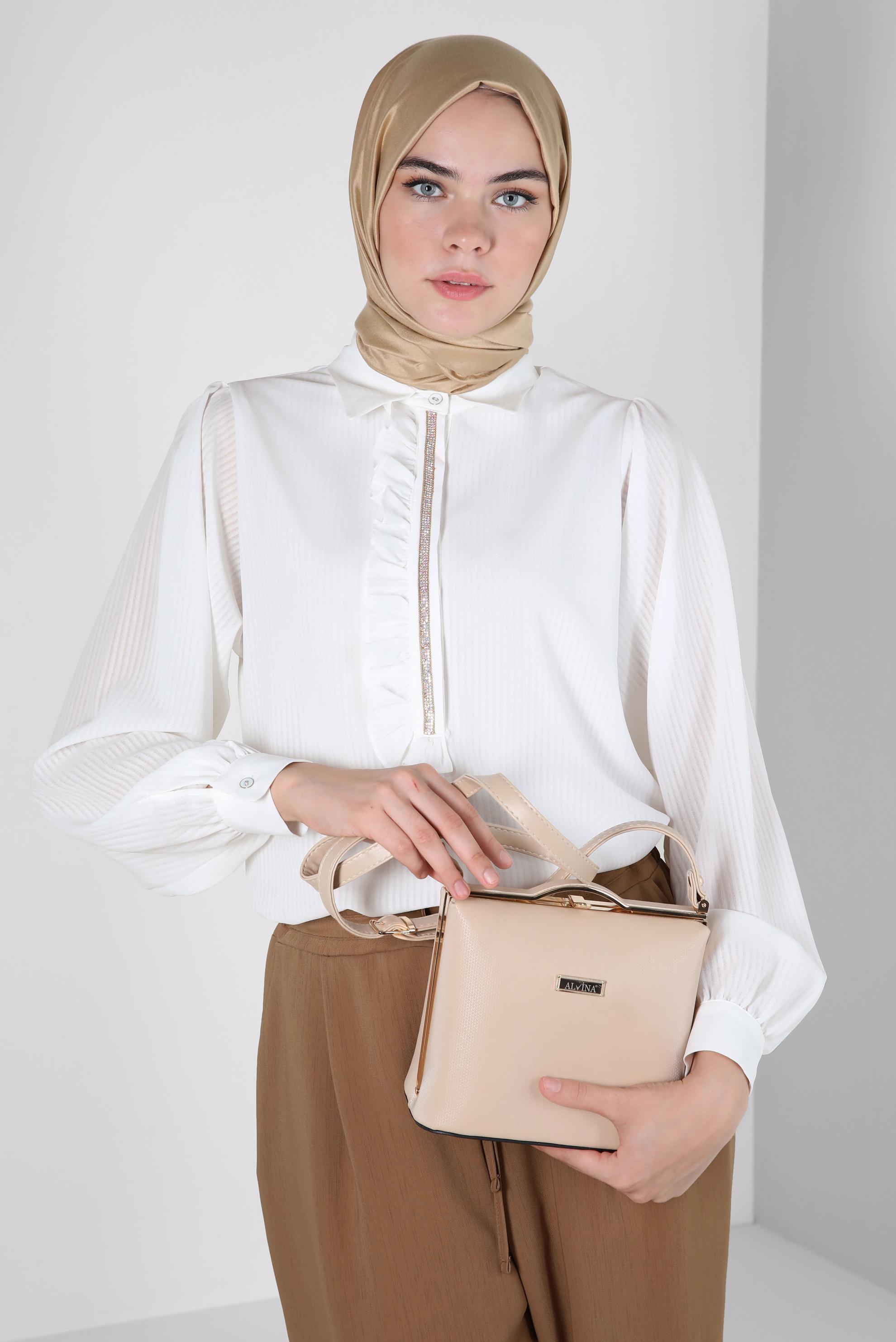 Tesettür giyim EKRU TAŞ ŞERİTLİ FIRFIR DETAYLI TUNİK 43856