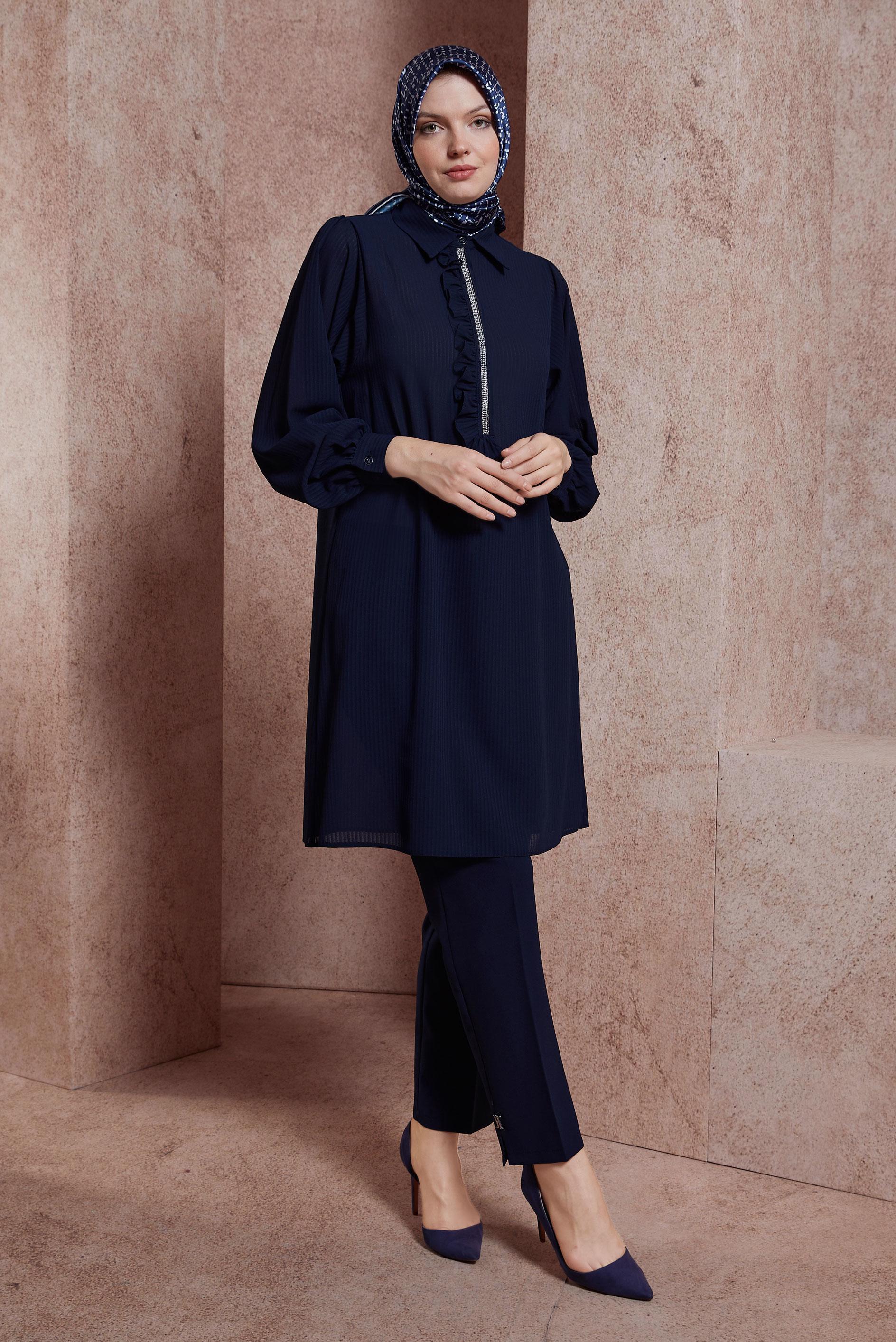 Tesettür giyim LACİVERT TAŞ ŞERİTLİ FIRFIR DETAYLI TUNİK 43856