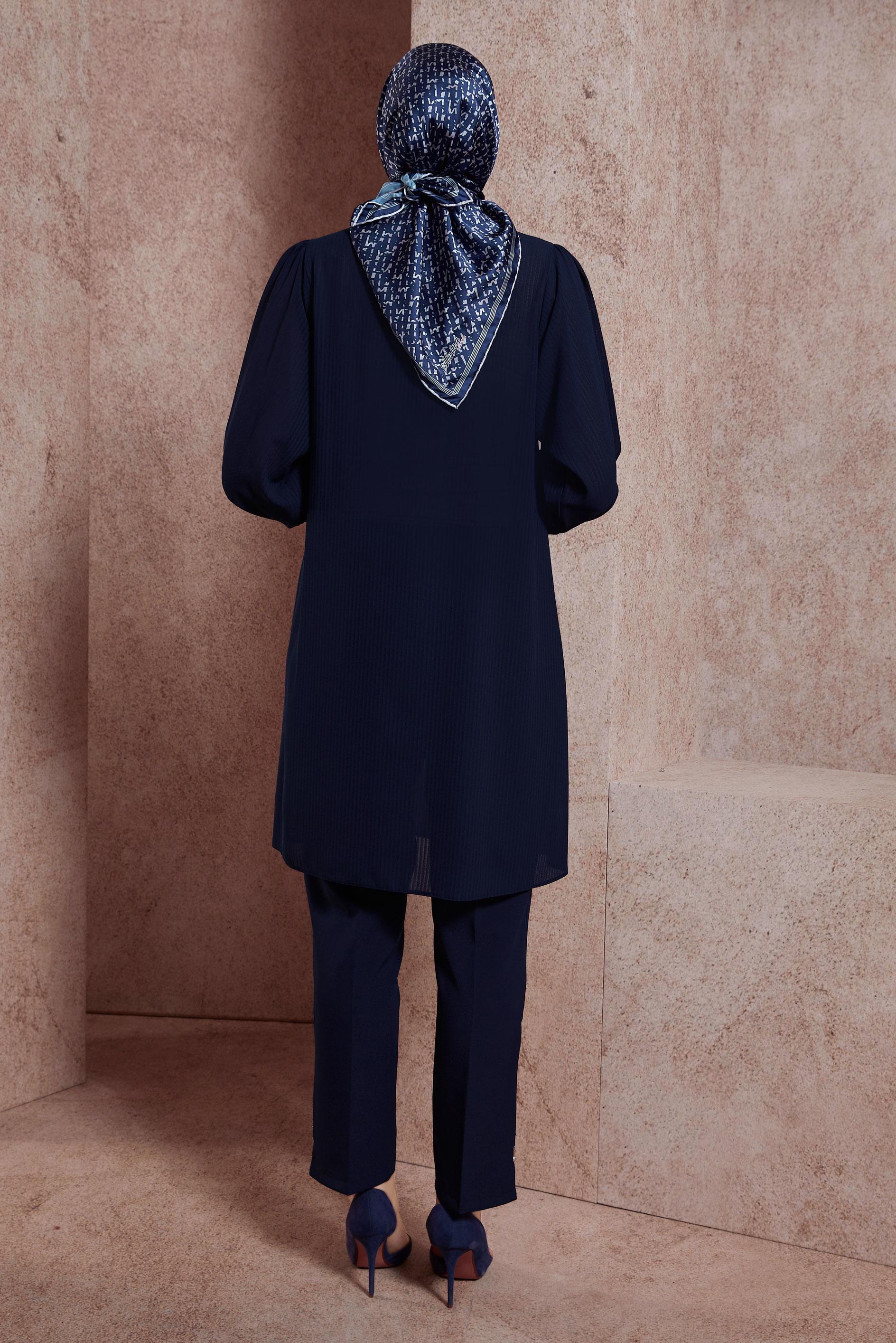 Tesettür giyim LACİVERT TAŞ ŞERİTLİ FIRFIR DETAYLI TUNİK 43856