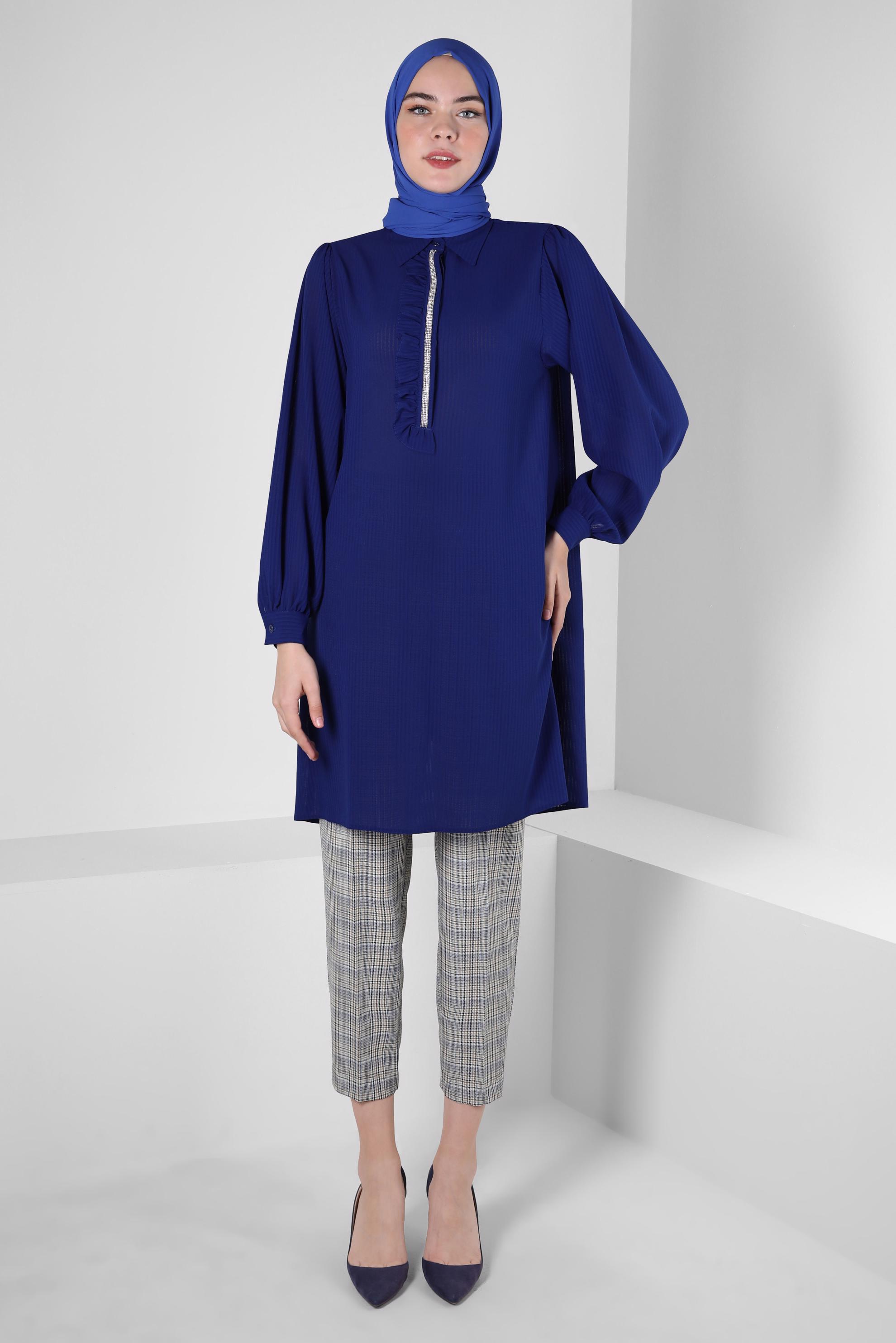 Tesettür giyim LACİVERT TAŞ ŞERİTLİ FIRFIR DETAYLI TUNİK 43856