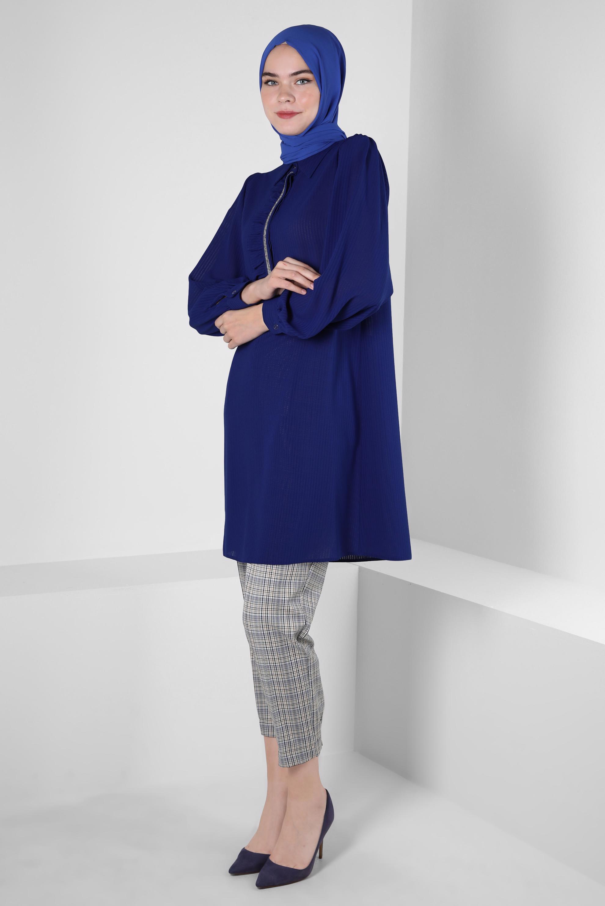 Tesettür giyim LACİVERT TAŞ ŞERİTLİ FIRFIR DETAYLI TUNİK 43856