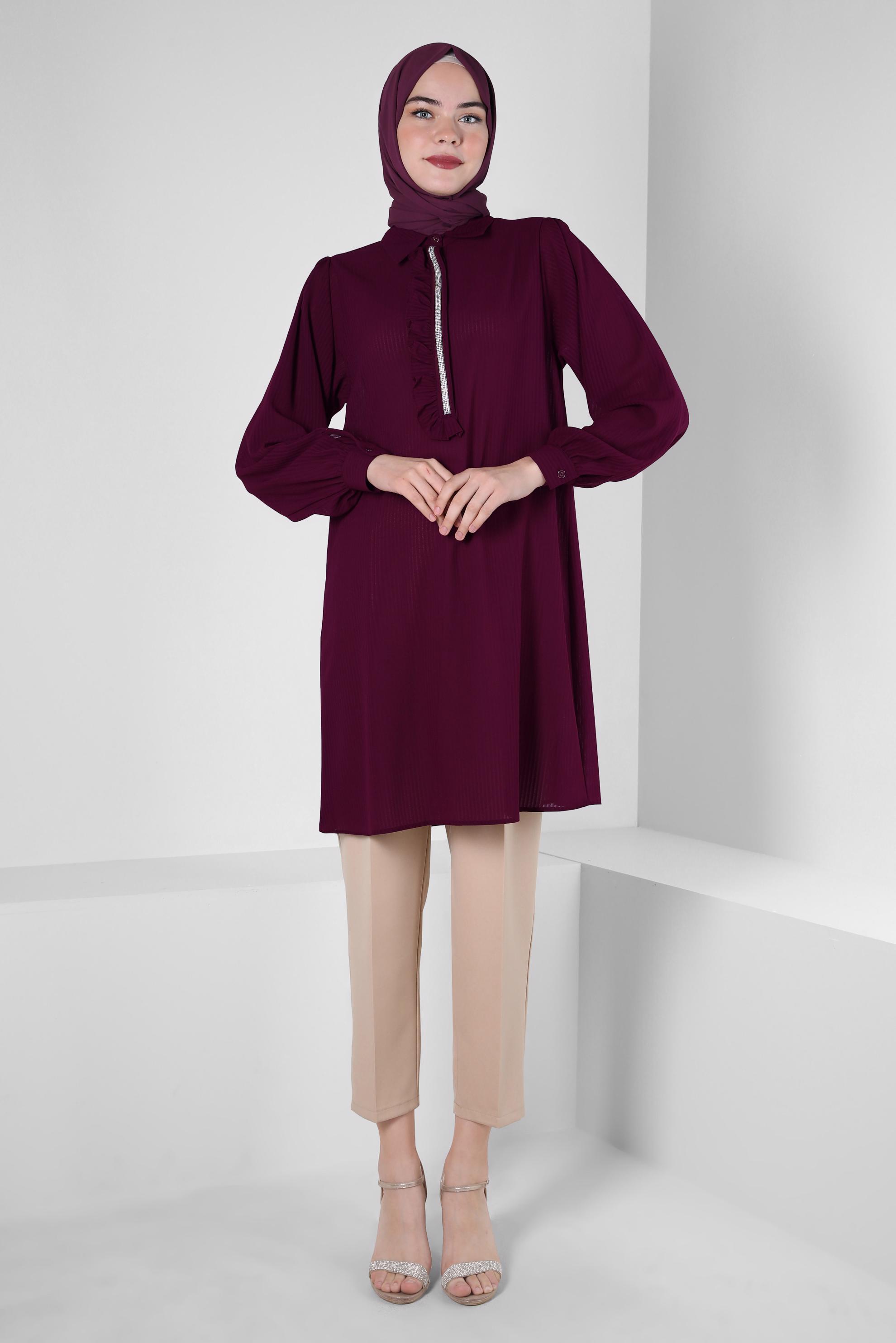 Tesettür giyim MOR TAŞ ŞERİTLİ FIRFIR DETAYLI TUNİK 43856