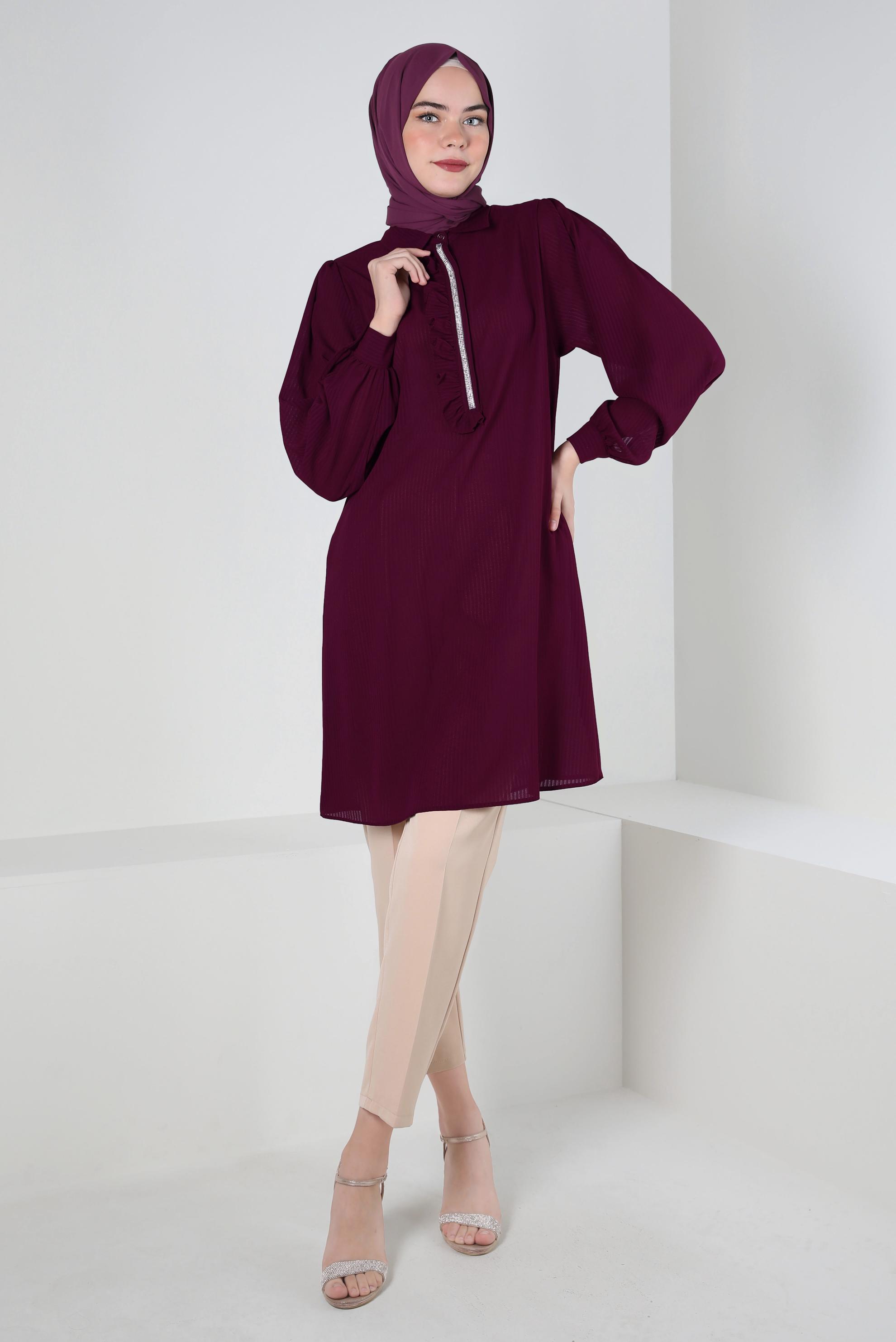 Tesettür giyim MOR TAŞ ŞERİTLİ FIRFIR DETAYLI TUNİK 43856
