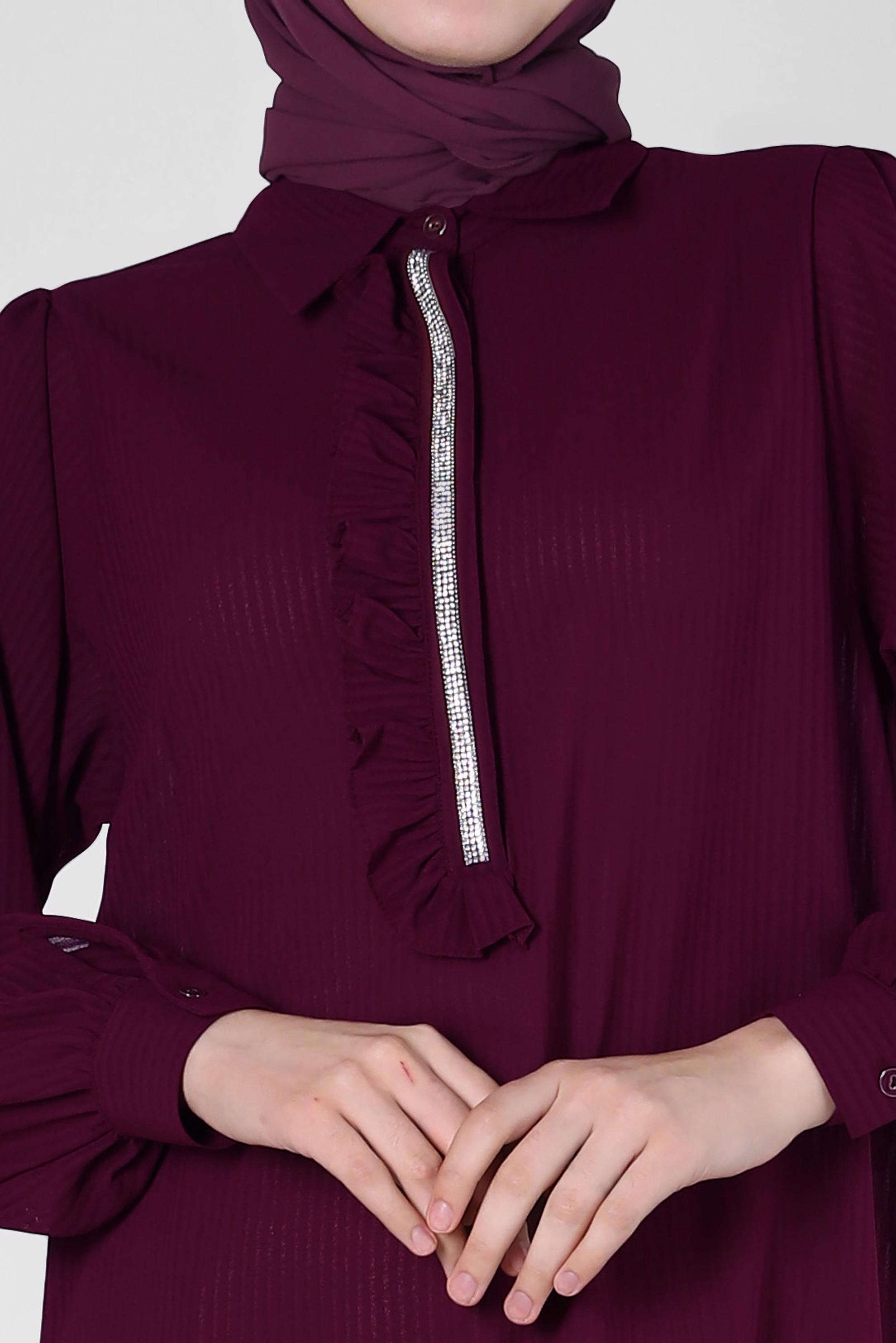 Tesettür giyim MOR TAŞ ŞERİTLİ FIRFIR DETAYLI TUNİK 43856