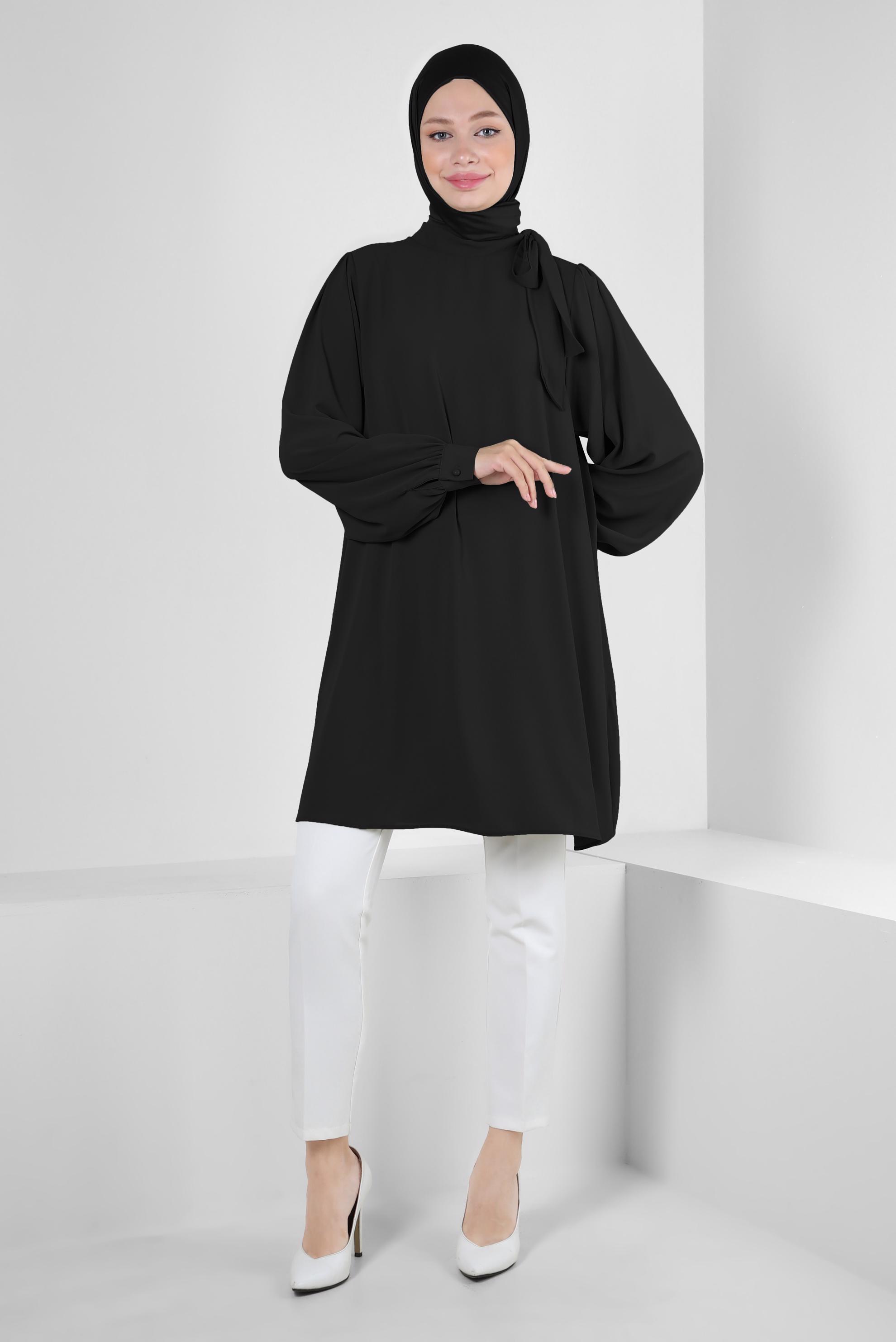 Tesettür giyim SİYAH YAKASI BAĞLAMA DETAYLI TUNİK 43857
