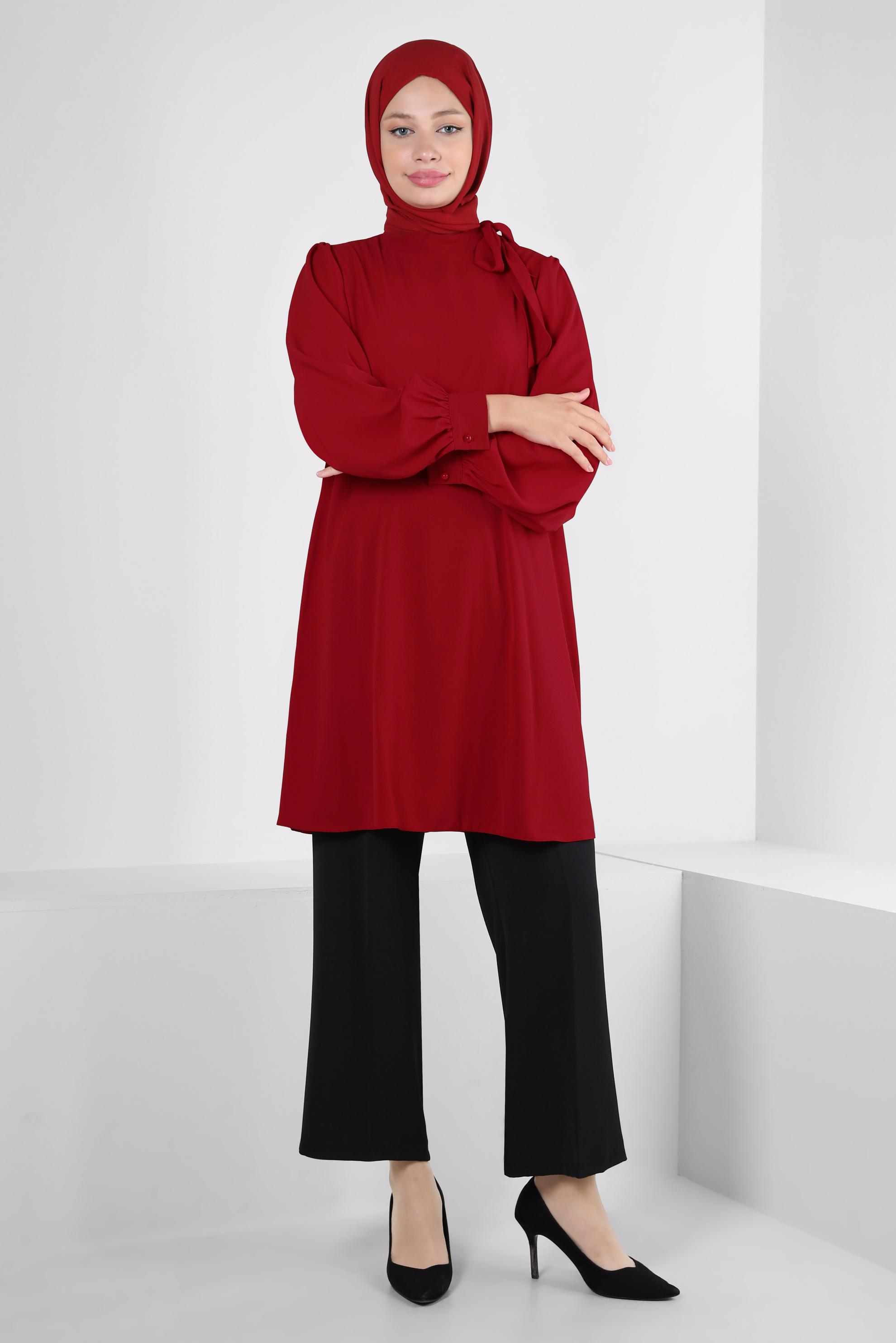 Tesettür giyim KIRMIZI YAKASI BAĞLAMA DETAYLI TUNİK 43857
