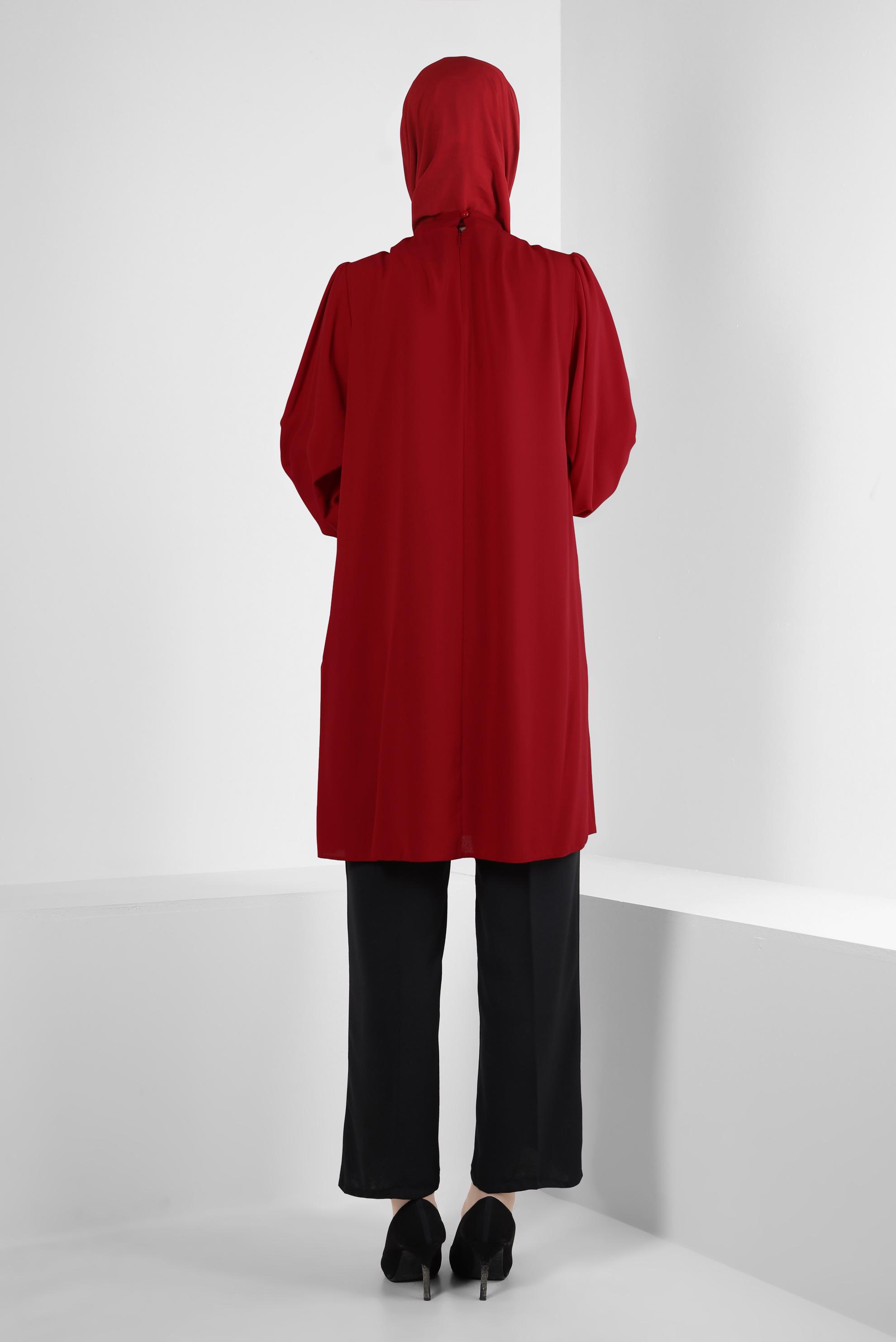 Tesettür giyim KIRMIZI YAKASI BAĞLAMA DETAYLI TUNİK 43857