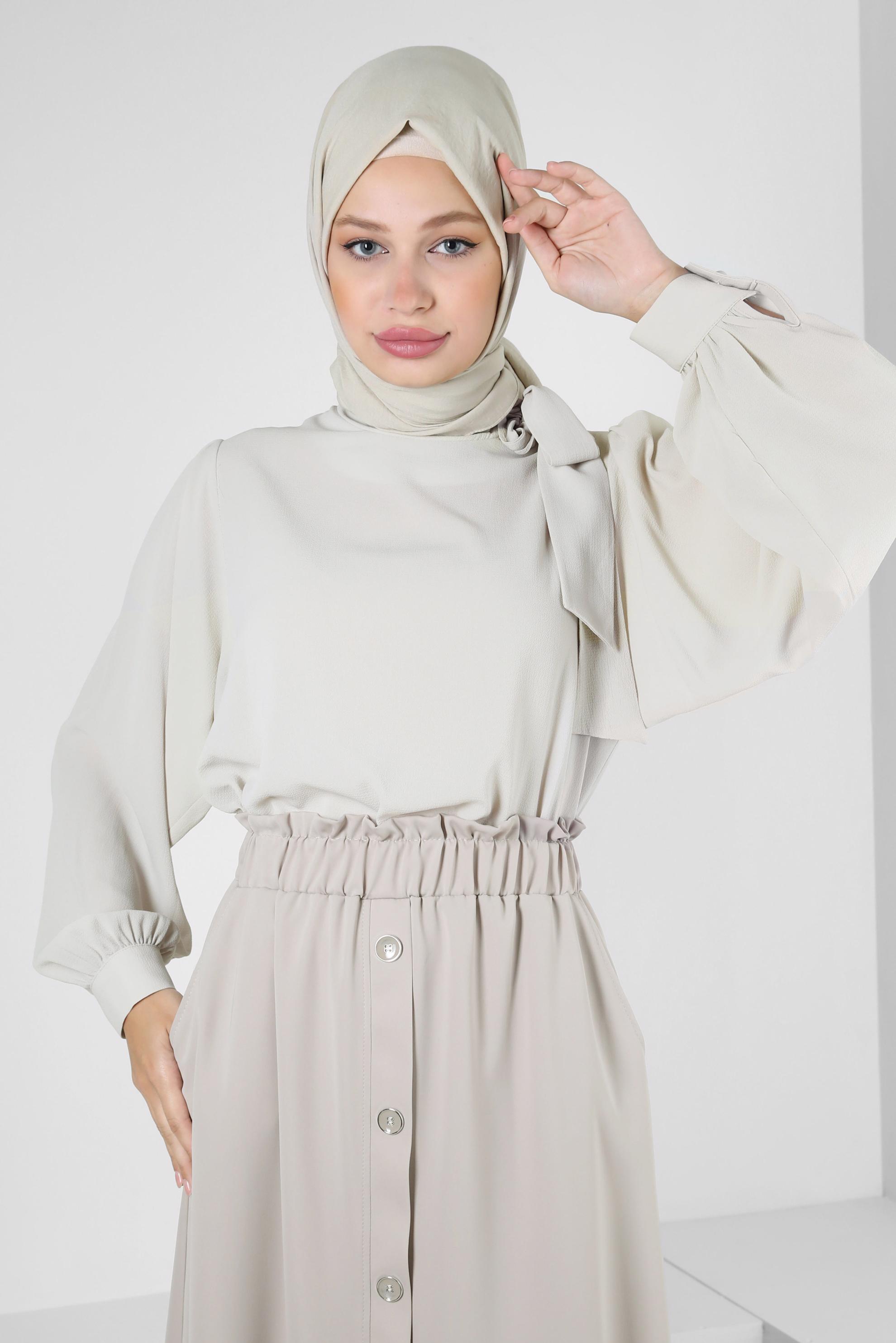 Tesettür giyim BEJ YAKASI BAĞLAMA DETAYLI TUNİK 43857