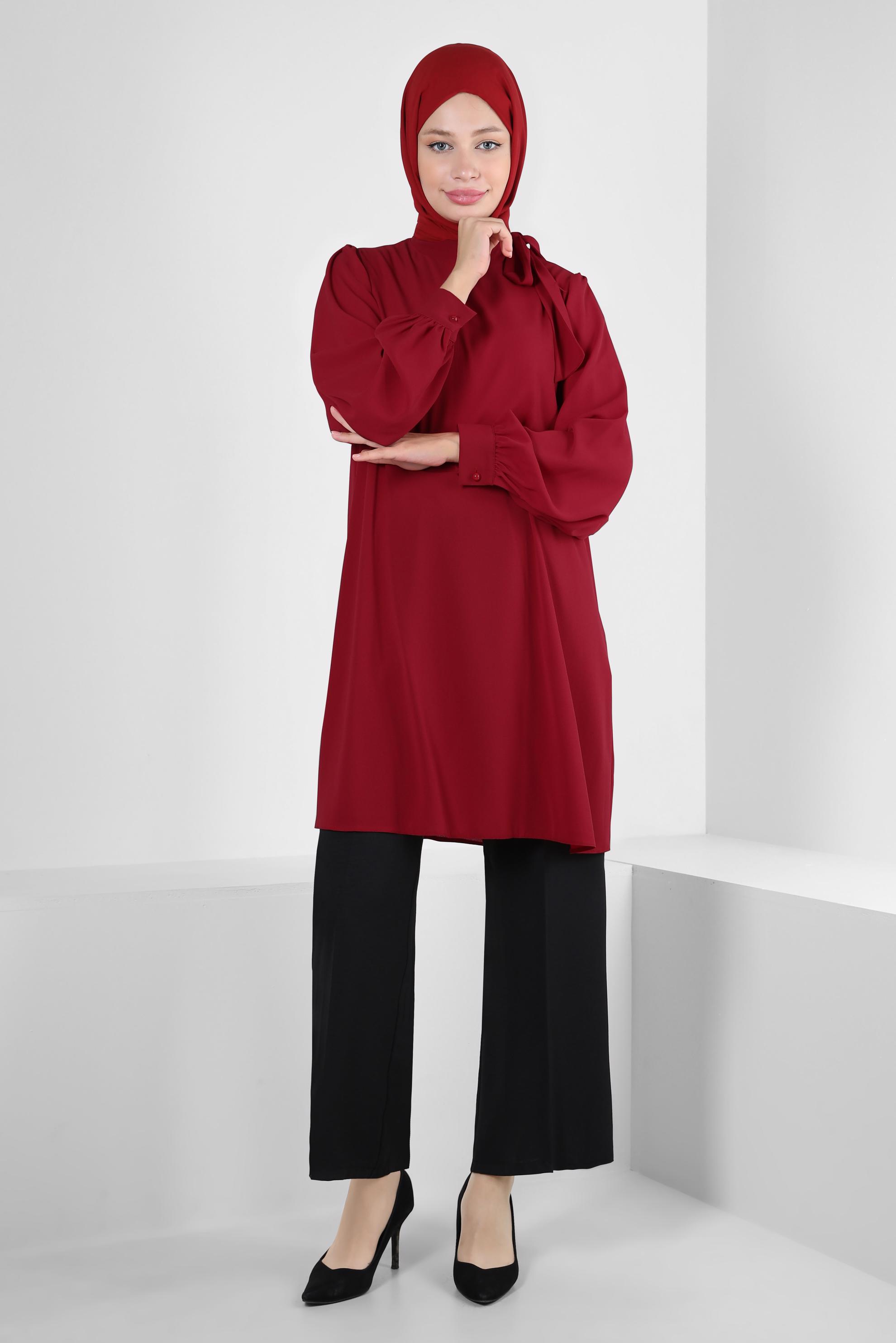 Tesettür giyim KIRMIZI YAKASI BAĞLAMA DETAYLI TUNİK 43857