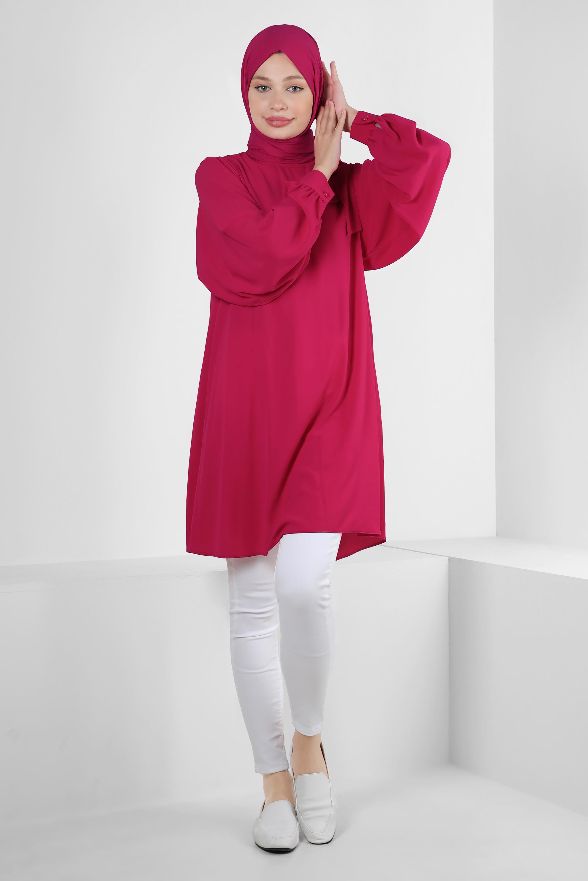 Tesettür giyim FUŞYA YAKASI BAĞLAMA DETAYLI TUNİK 43857