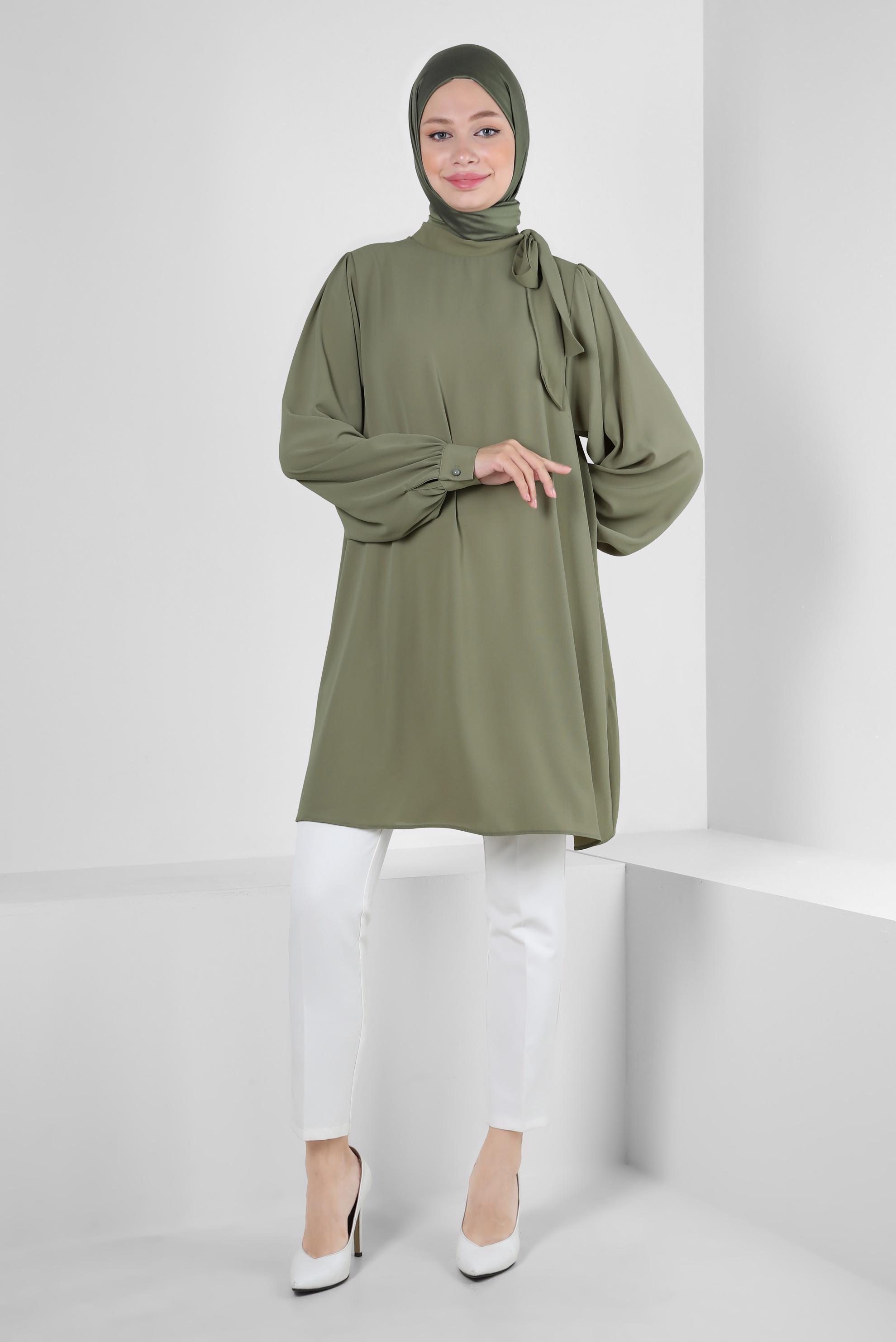Tesettür giyim YEŞİL YAKASI BAĞLAMA DETAYLI TUNİK 43857
