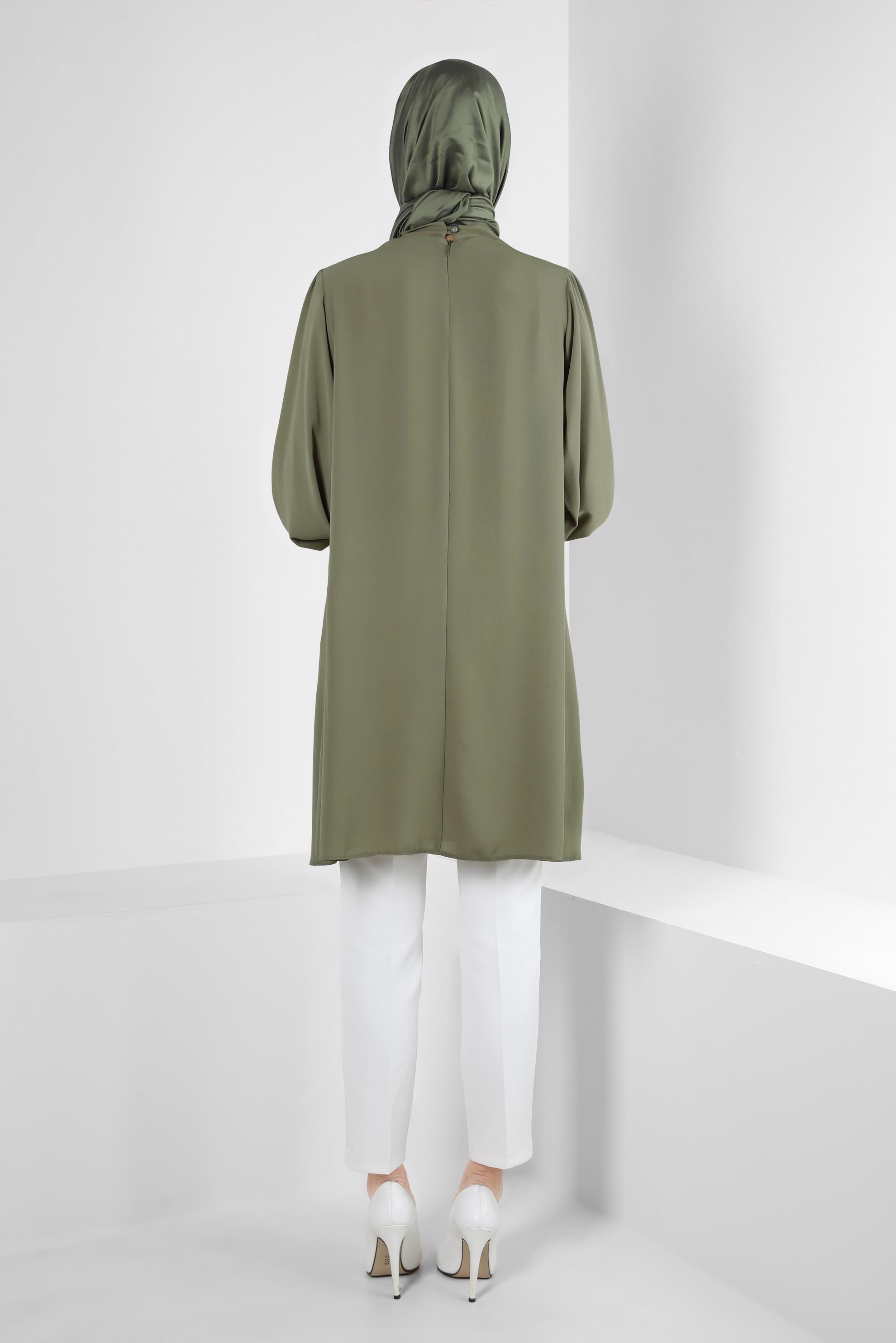 Tesettür giyim YEŞİL YAKASI BAĞLAMA DETAYLI TUNİK 43857