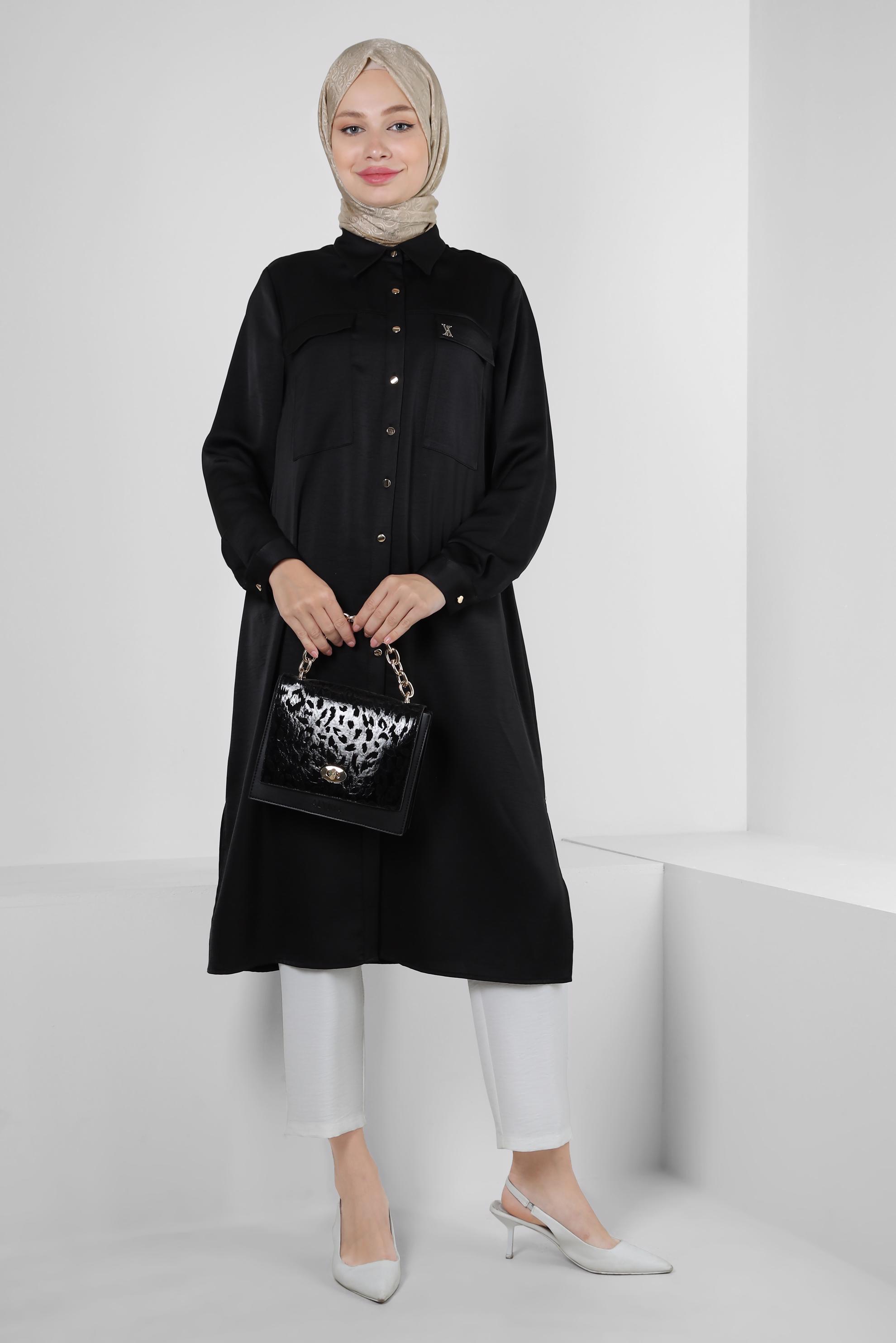 Tesettür giyim SİYAH GÖMLEK YAKA DÜĞMELİ TUNİK 43858