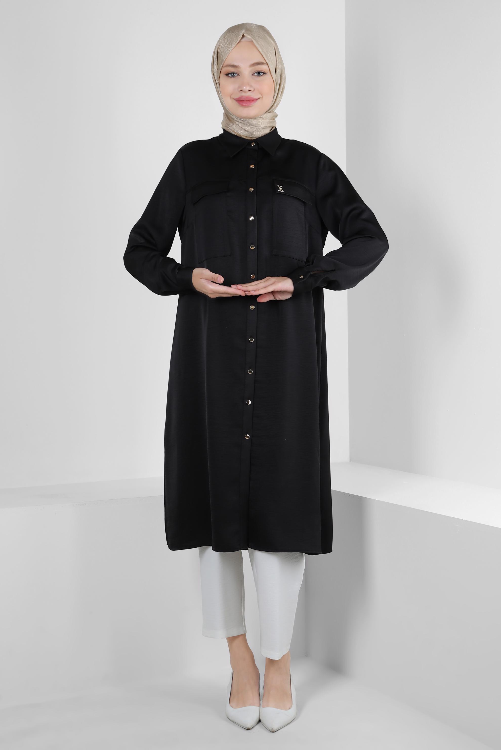 Tesettür giyim SİYAH GÖMLEK YAKA DÜĞMELİ TUNİK 43858
