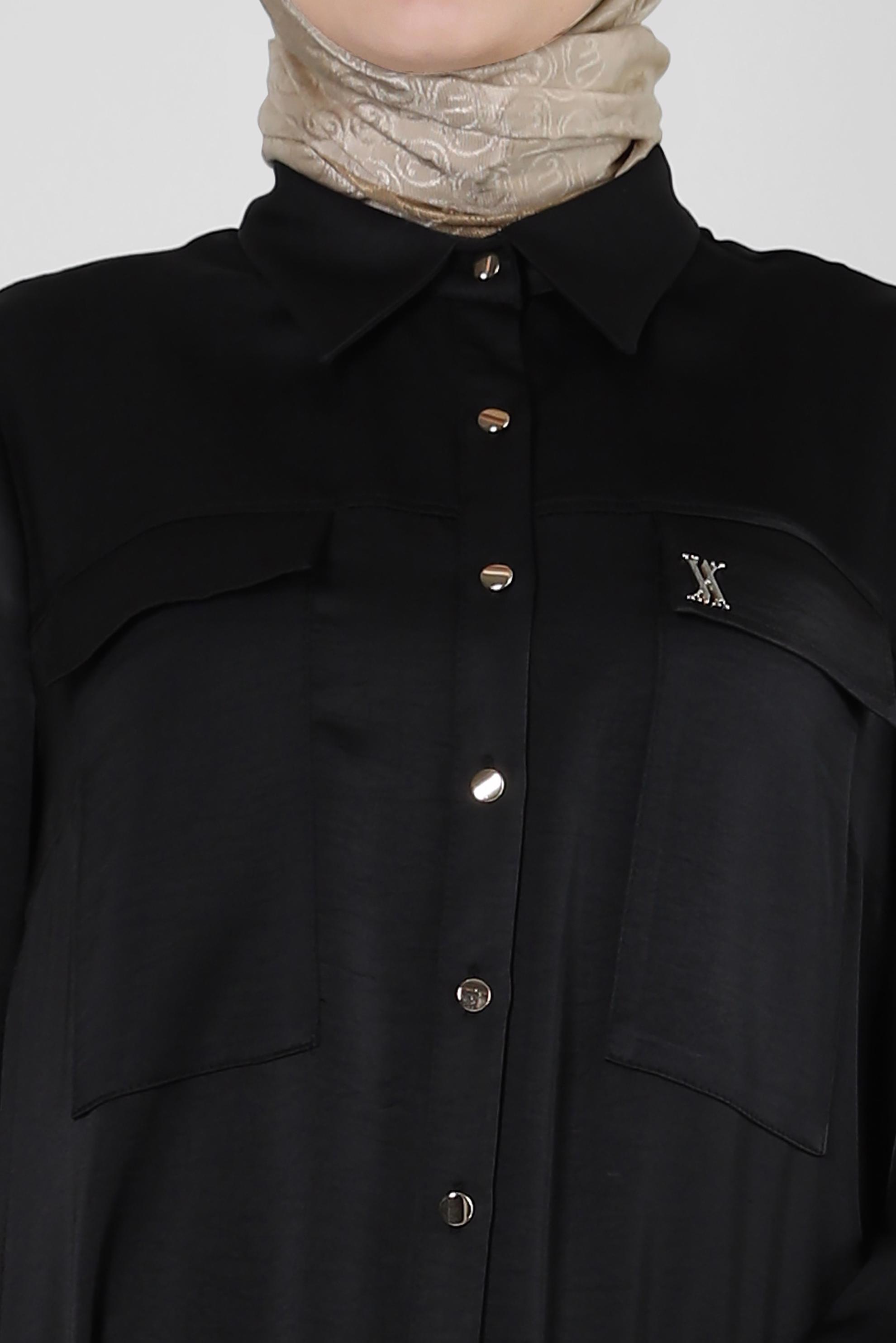 Tesettür giyim SİYAH GÖMLEK YAKA DÜĞMELİ TUNİK 43858