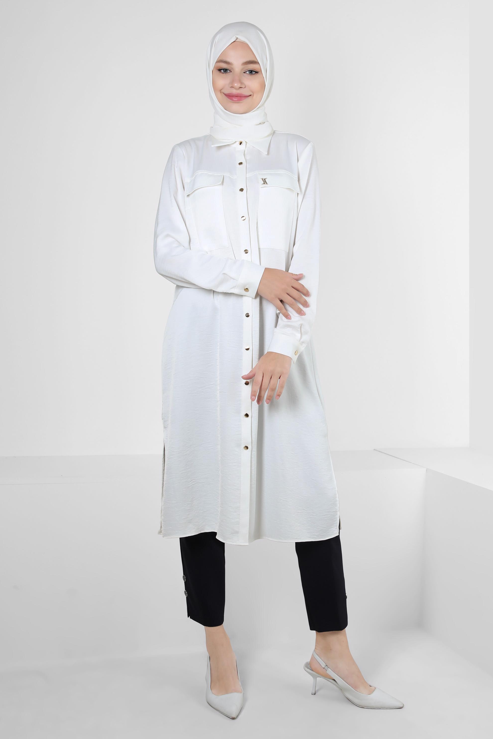 Tesettür giyim BEYAZ GÖMLEK YAKA DÜĞMELİ TUNİK 43858