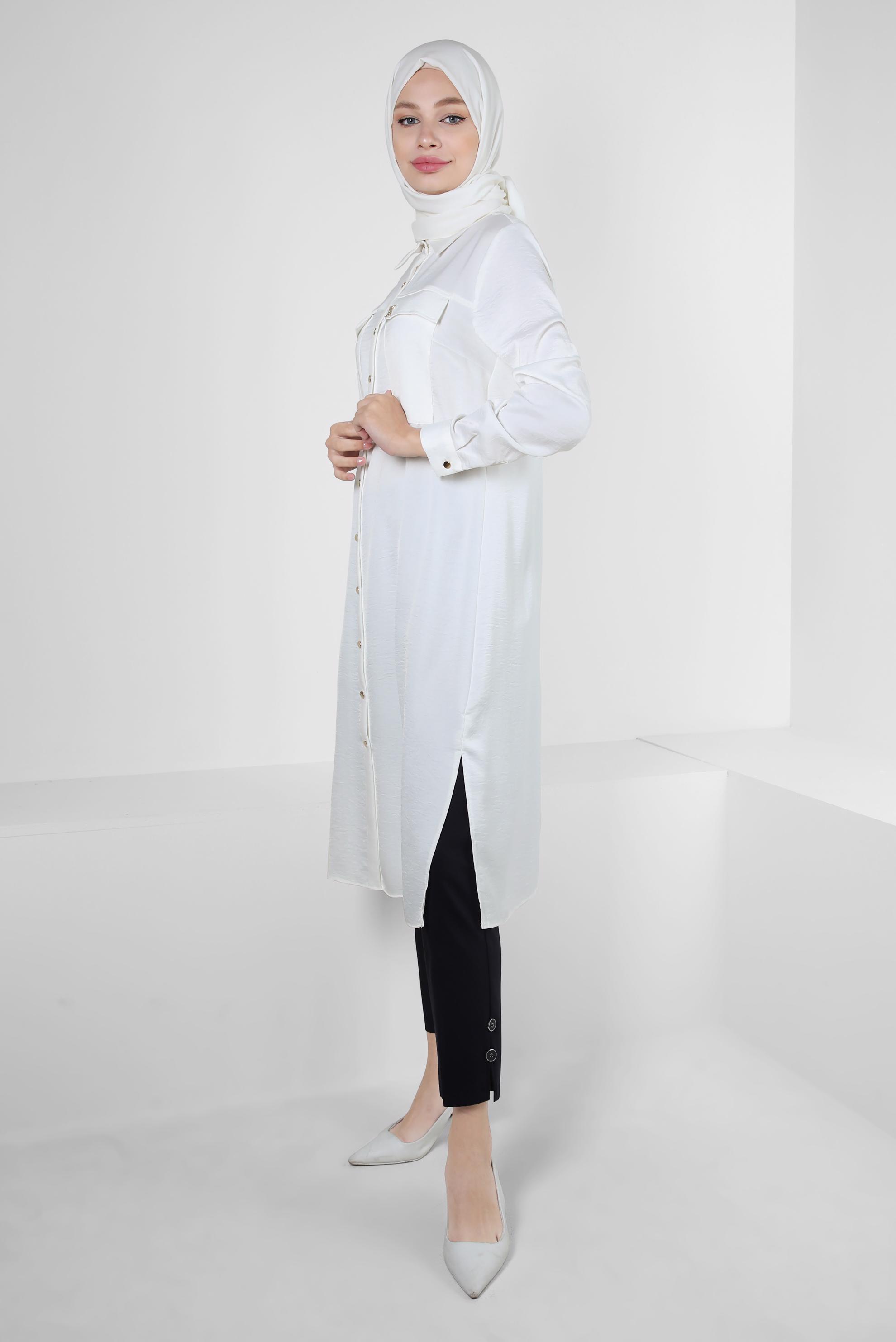 Tesettür giyim BEYAZ GÖMLEK YAKA DÜĞMELİ TUNİK 43858