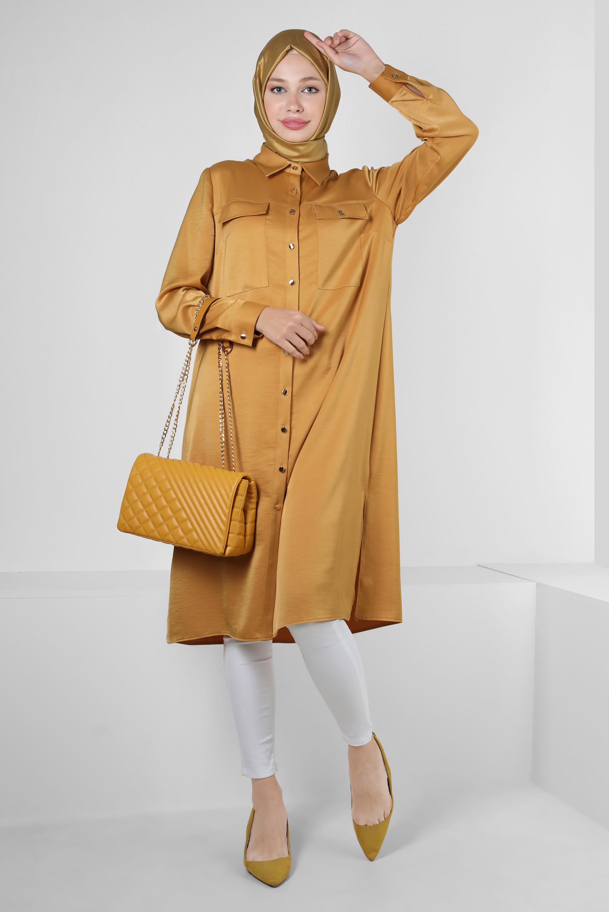 Tesettür giyim SARI GÖMLEK YAKA DÜĞMELİ TUNİK 43858