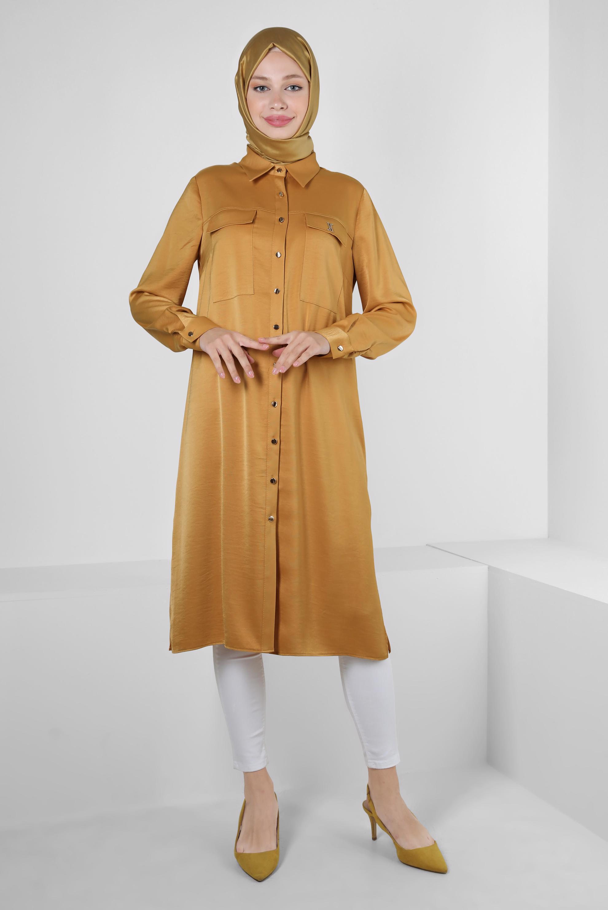 Tesettür giyim SARI GÖMLEK YAKA DÜĞMELİ TUNİK 43858